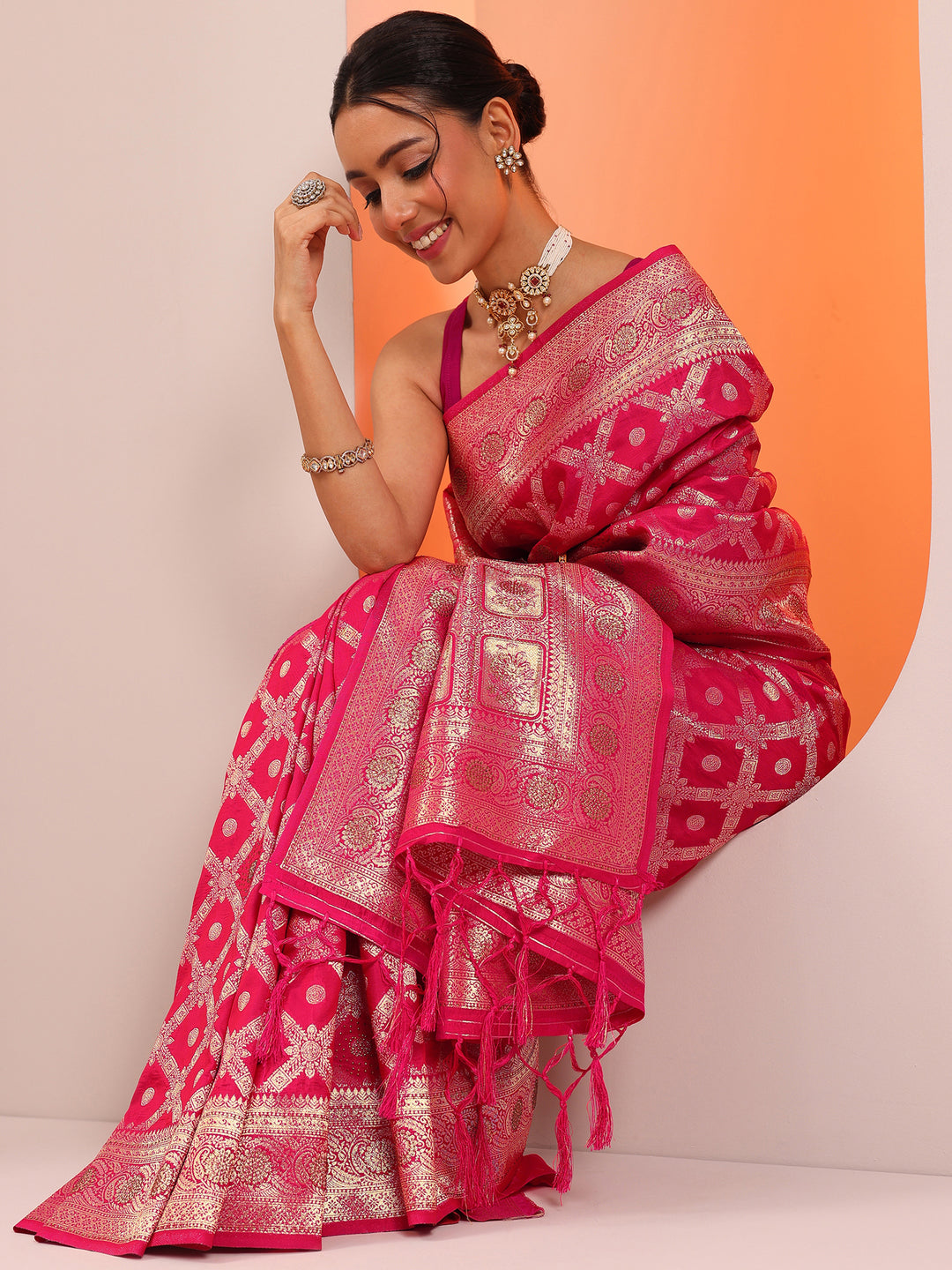 Pink Woven Design Silk Blend Sarees With Unstitched Blouse Piece