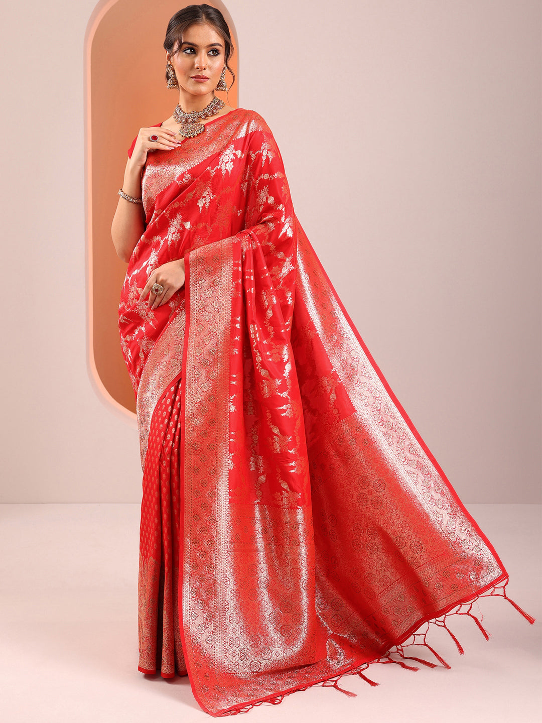  Red Woven Design Silk Blend Saree With Unstitched Blouse Piece 