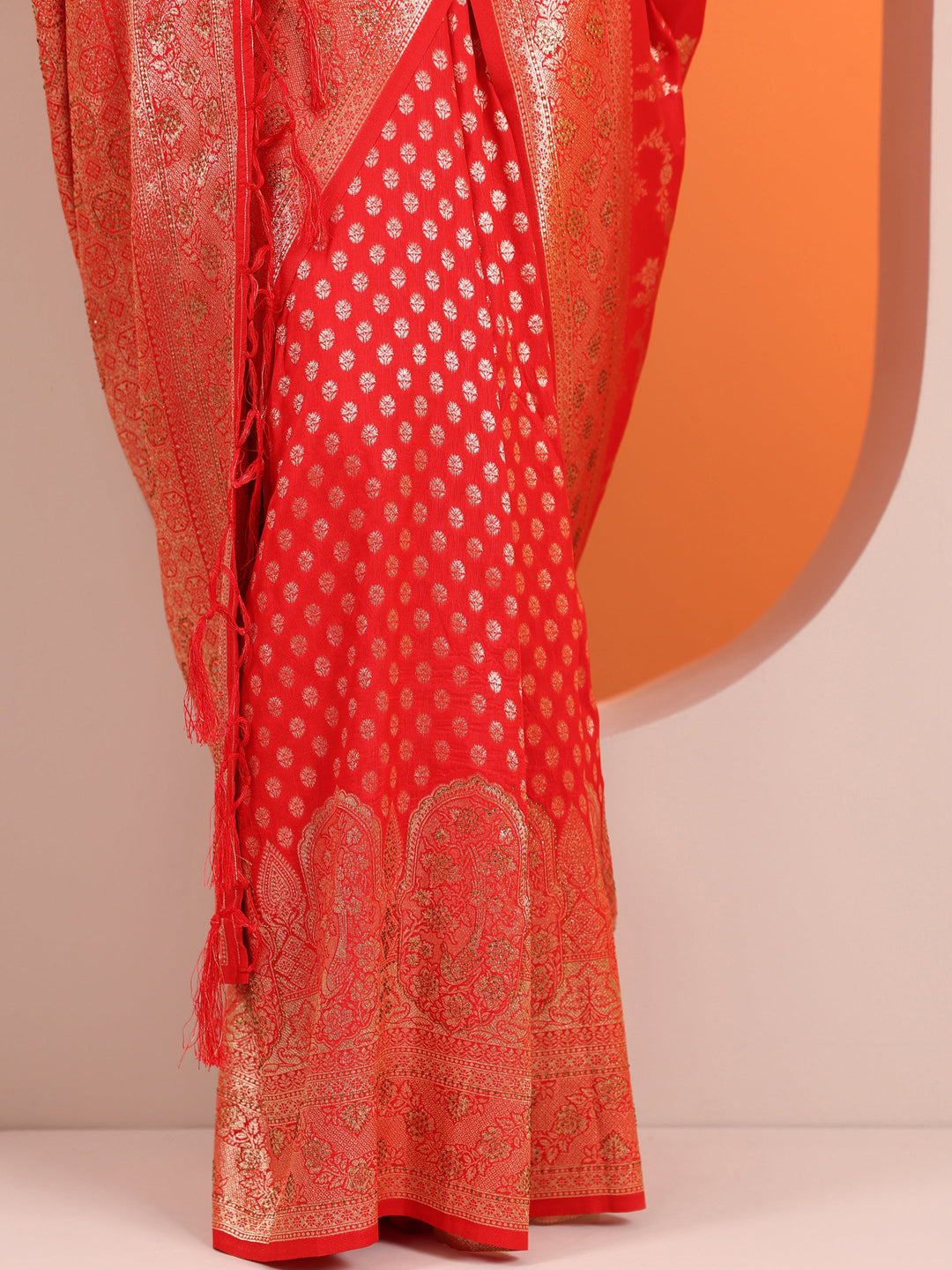  Red Woven Design Silk Blend Saree With Unstitched Blouse Piece 