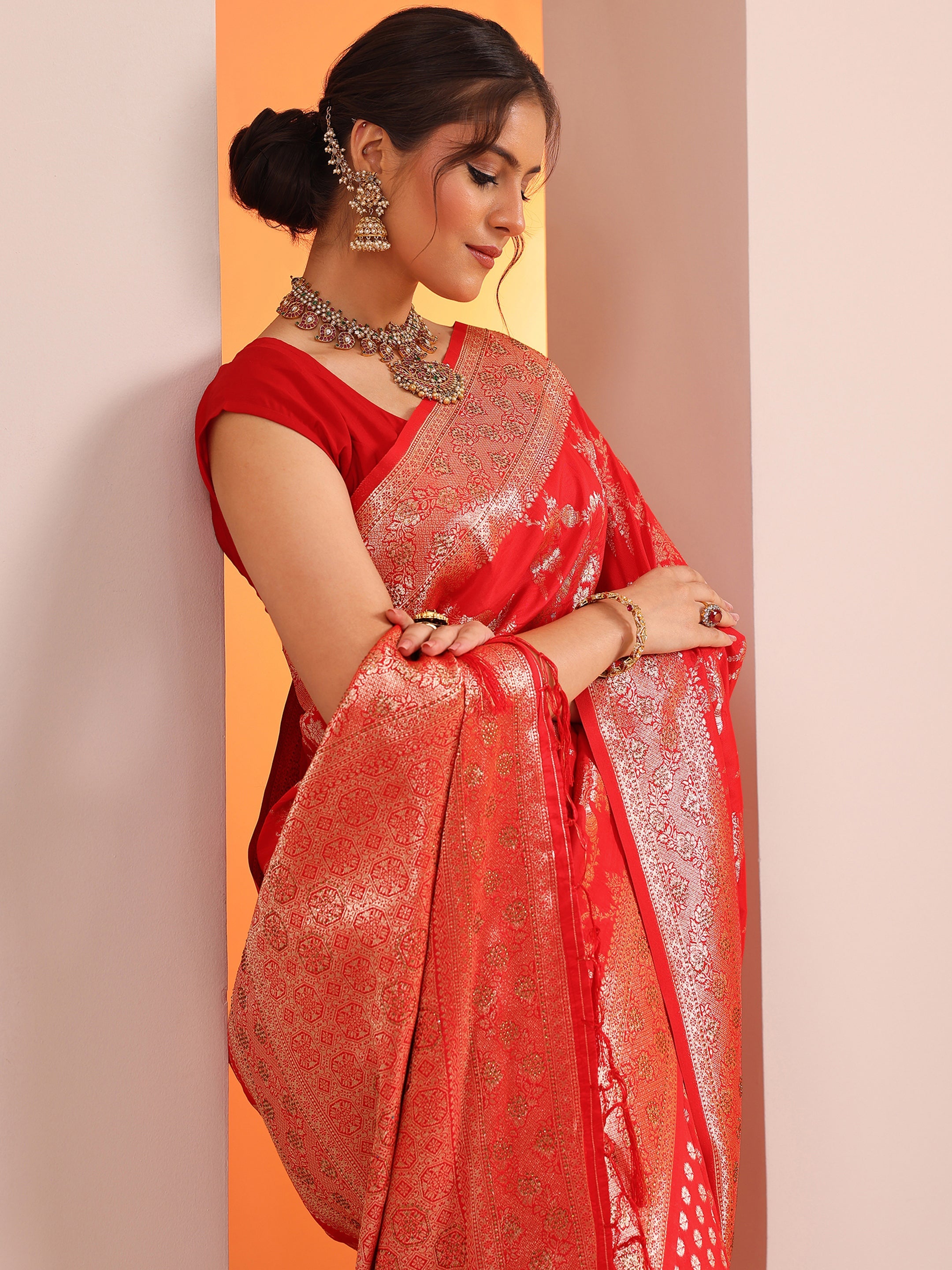 libas Red Woven Design Silk Blend Saree With Unstitched Blouse Piece-picture-40