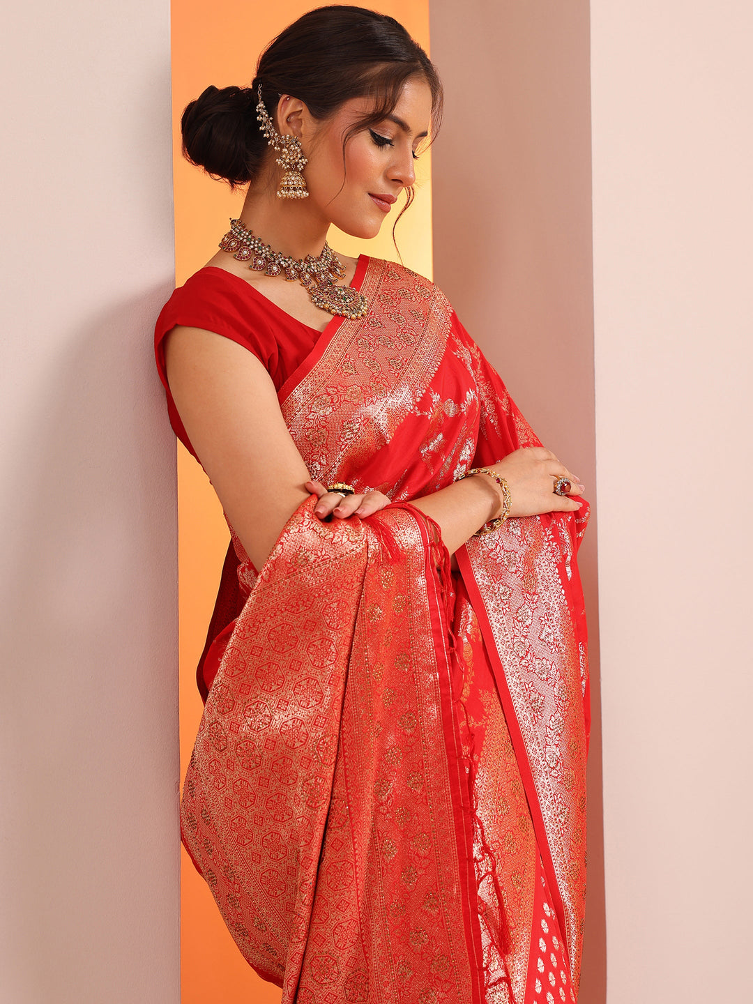  Red Woven Design Silk Blend Saree With Unstitched Blouse Piece 