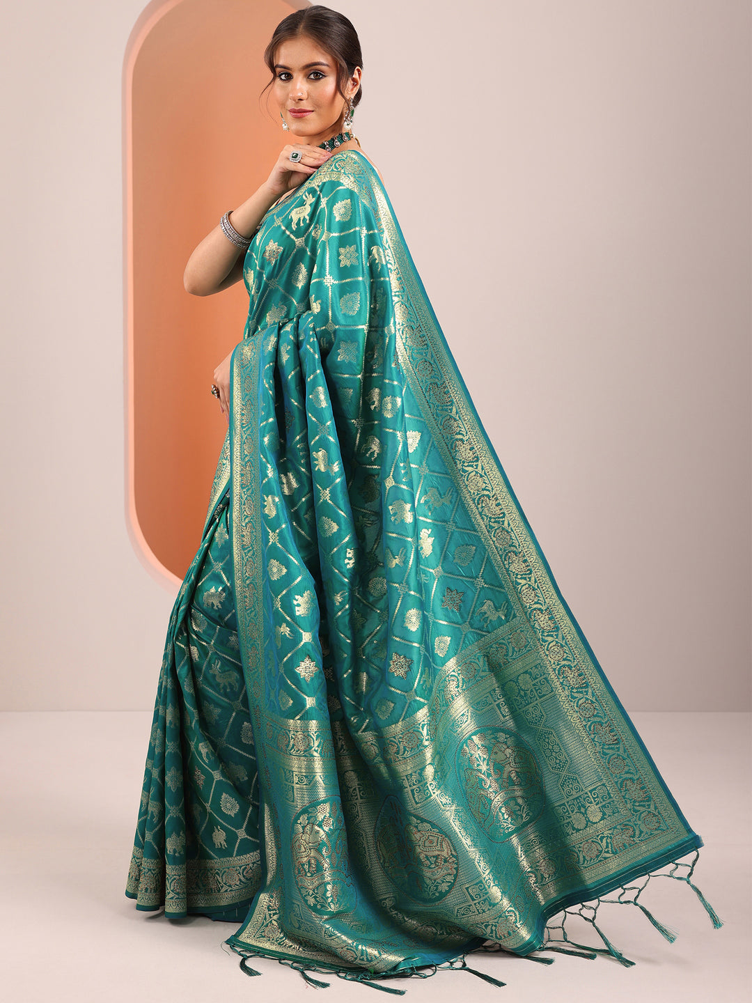  Teal Woven Design Silk Blend Saree With Unstitched Blouse Piece 