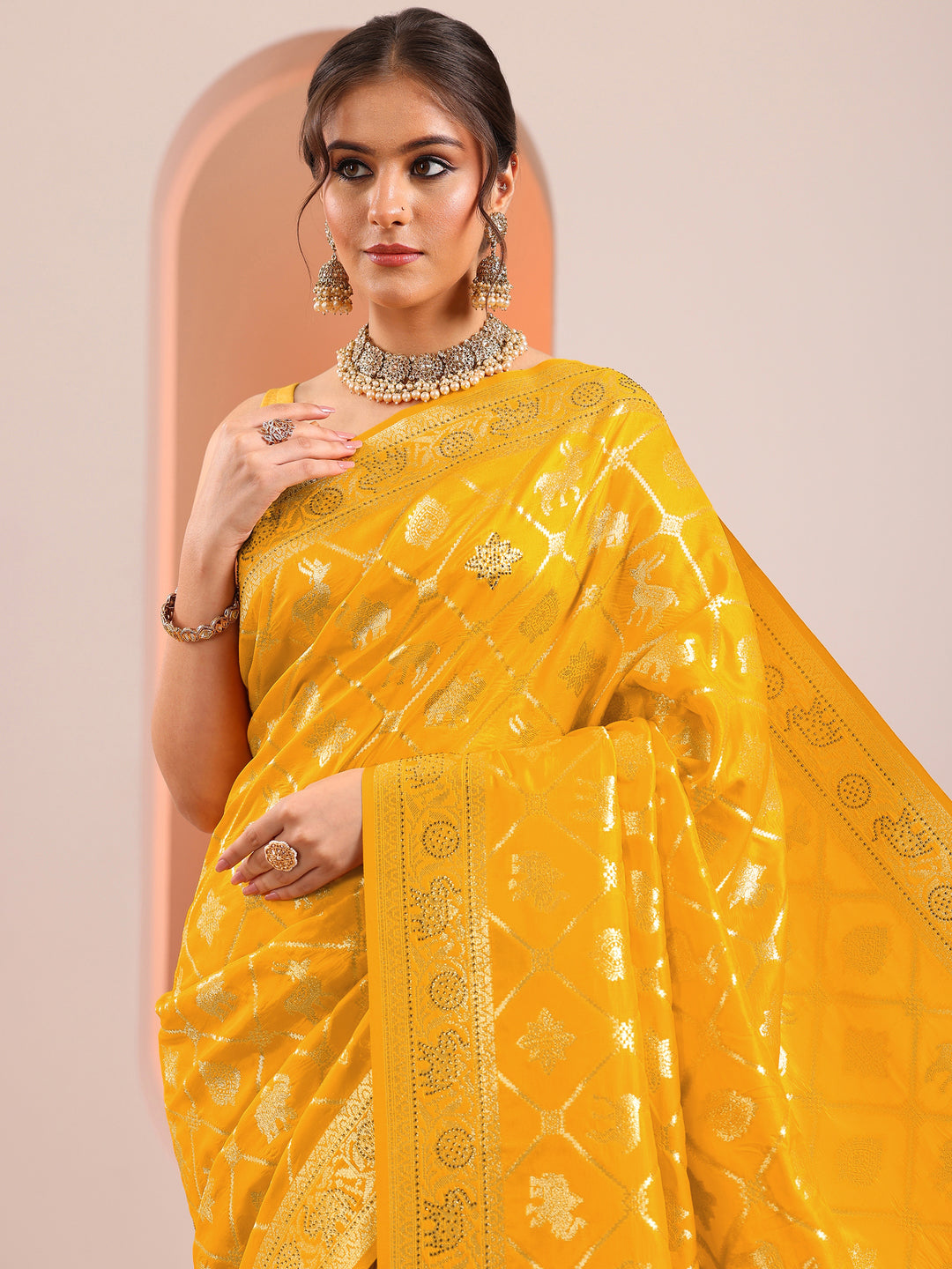  Yellow Woven Design Silk Blend Saree With Unstitched Blouse Piece 