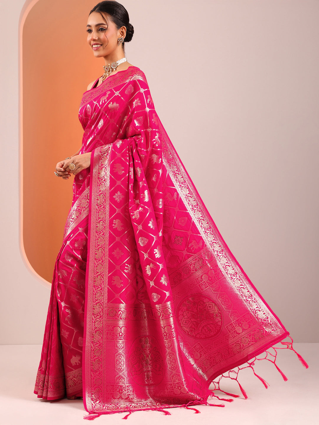  Pink Woven Design Banarasi Silk Blend Saree With Unstitched Blouse Piece 