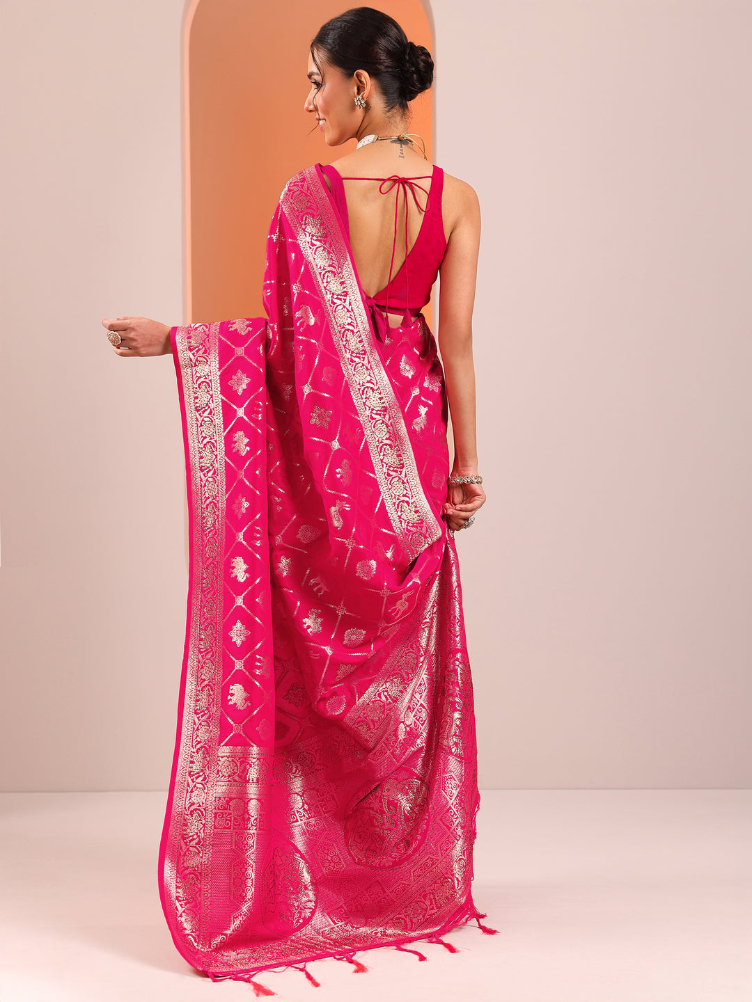  Pink Woven Design Silk Blend Saree With Unstitched Blouse Piece 