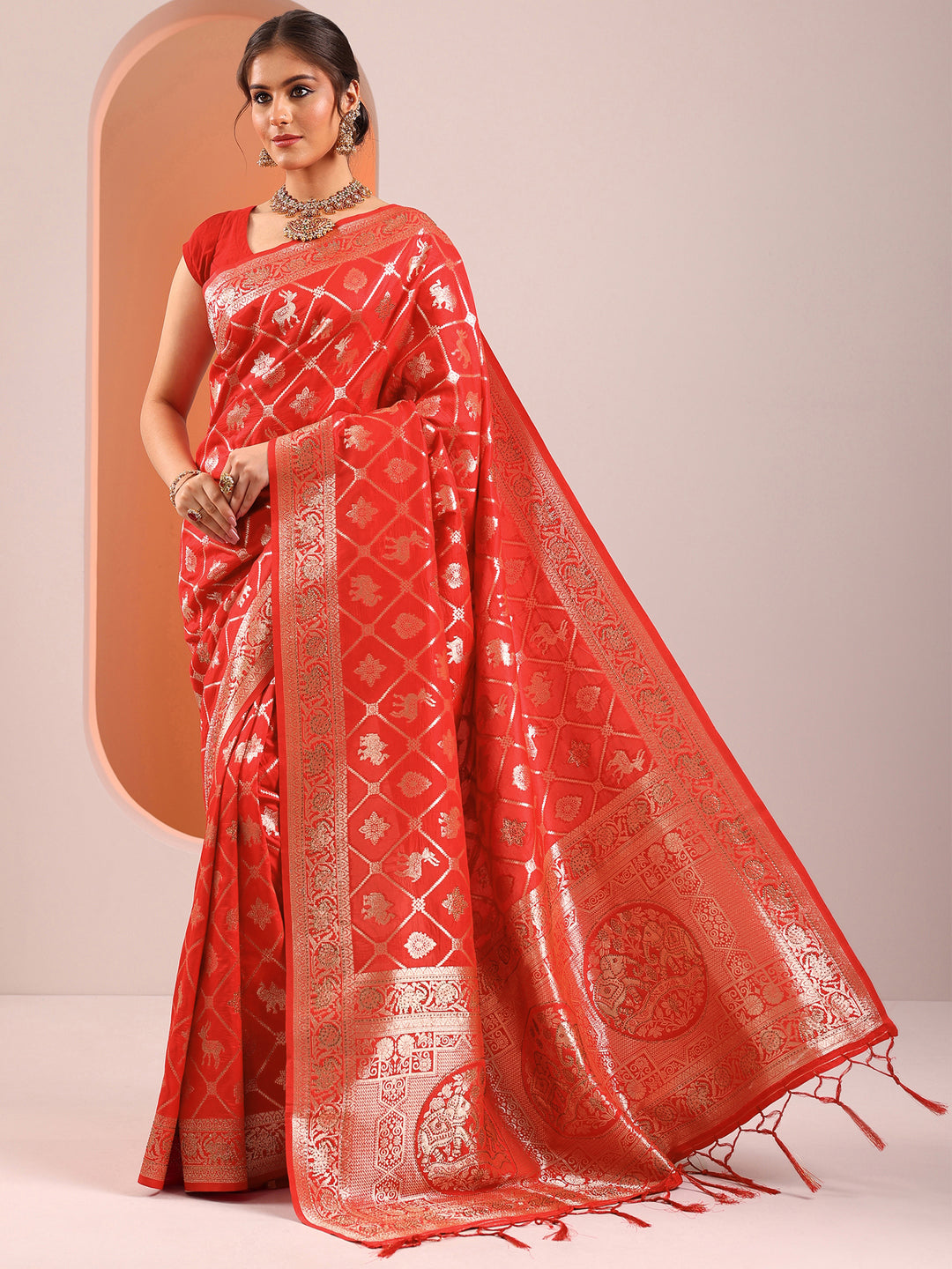  Red Woven Design Silk Blend Saree With Unstitched Blouse Piece 