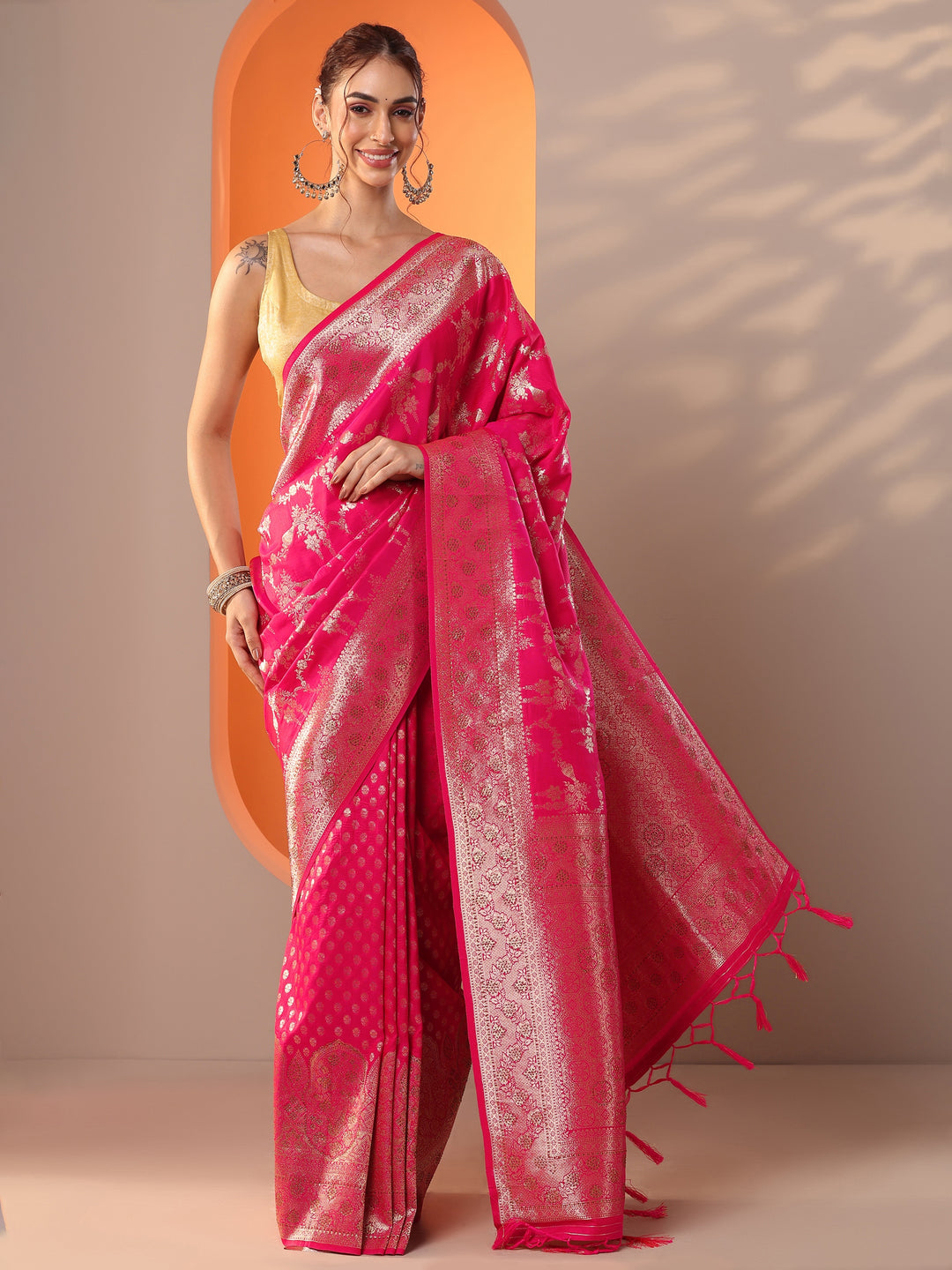  Pink Woven Design Silk Blend Saree With Unstitched Blouse Piece 