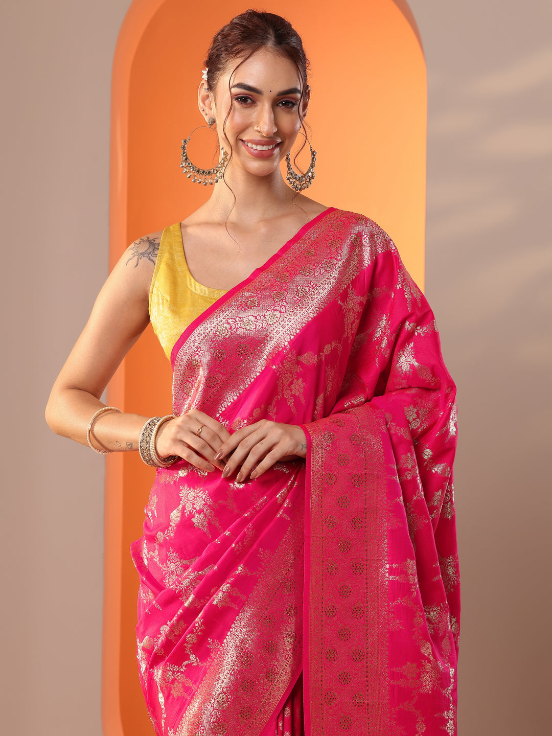  Pink Woven Design Silk Blend Saree With Unstitched Blouse Piece 