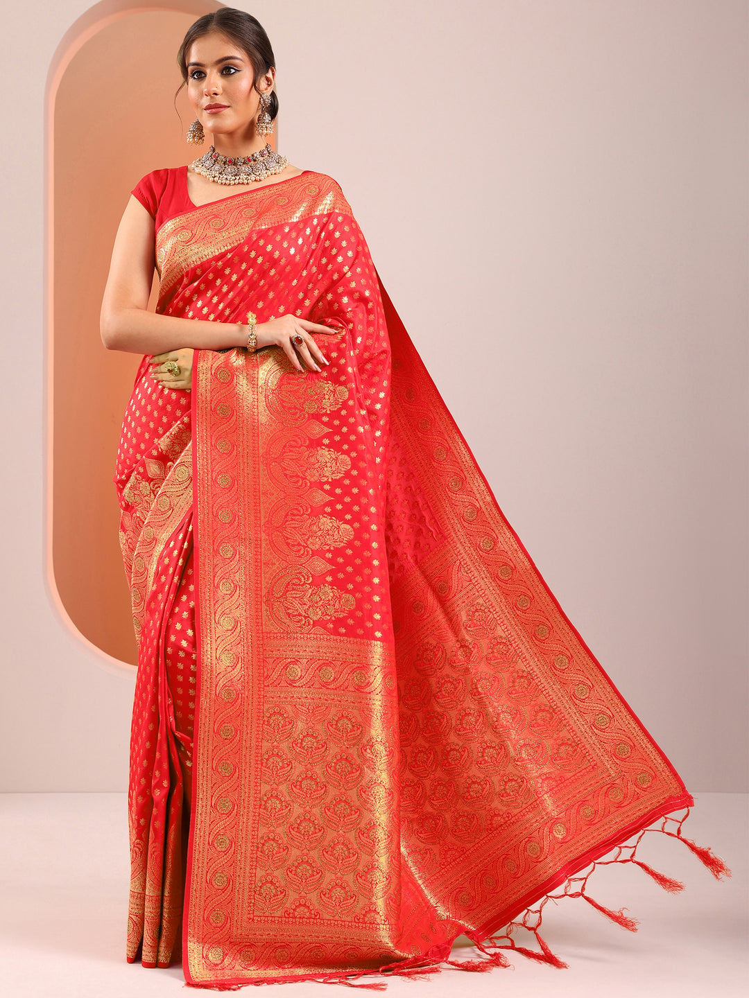  Red Woven Design Silk Blend Saree With Unstitched Blouse Piece 
