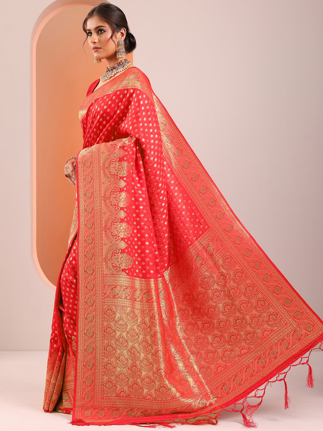  Red Woven Design Silk Blend Saree With Unstitched Blouse Piece 