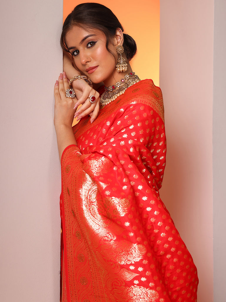 Libas Red Woven Design Banarasi Silk Blend Saree With Unstitched Blouse Piece