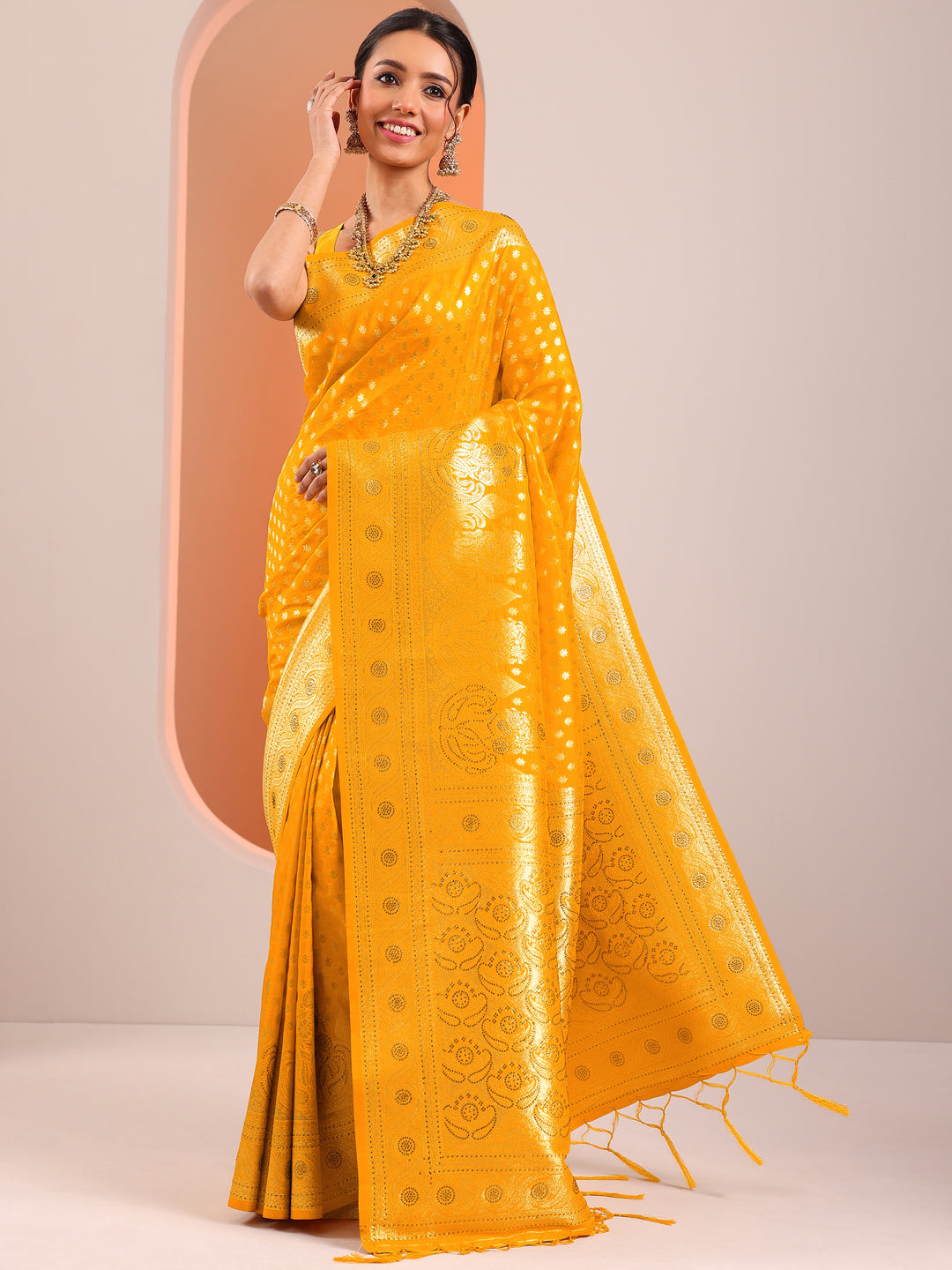  Yellow Woven Design Silk Blend Saree With Unstitched Blouse Piece 