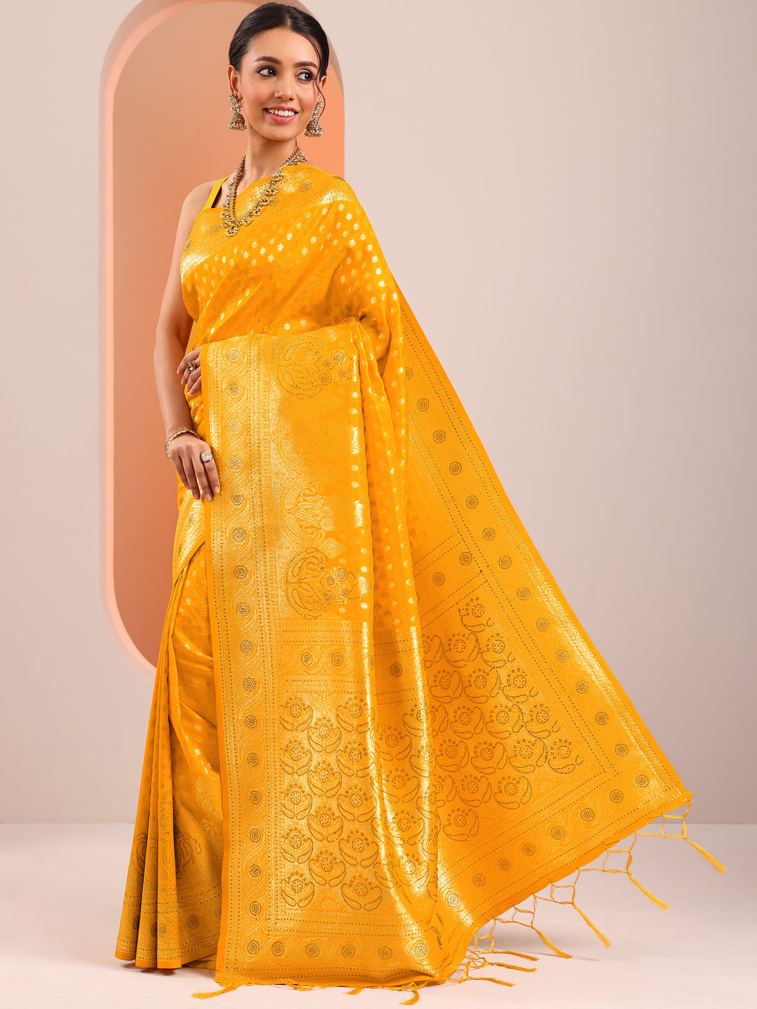  Yellow Woven Design Silk Blend Saree With Unstitched Blouse Piece 