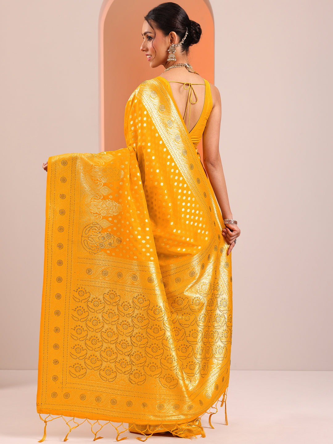  Yellow Woven Design Silk Blend Saree With Unstitched Blouse Piece 
