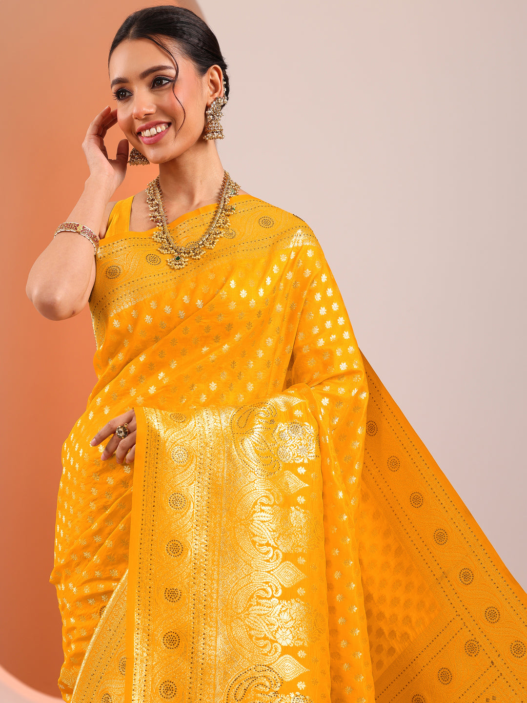  Yellow Woven Design Silk Blend Saree With Unstitched Blouse Piece 