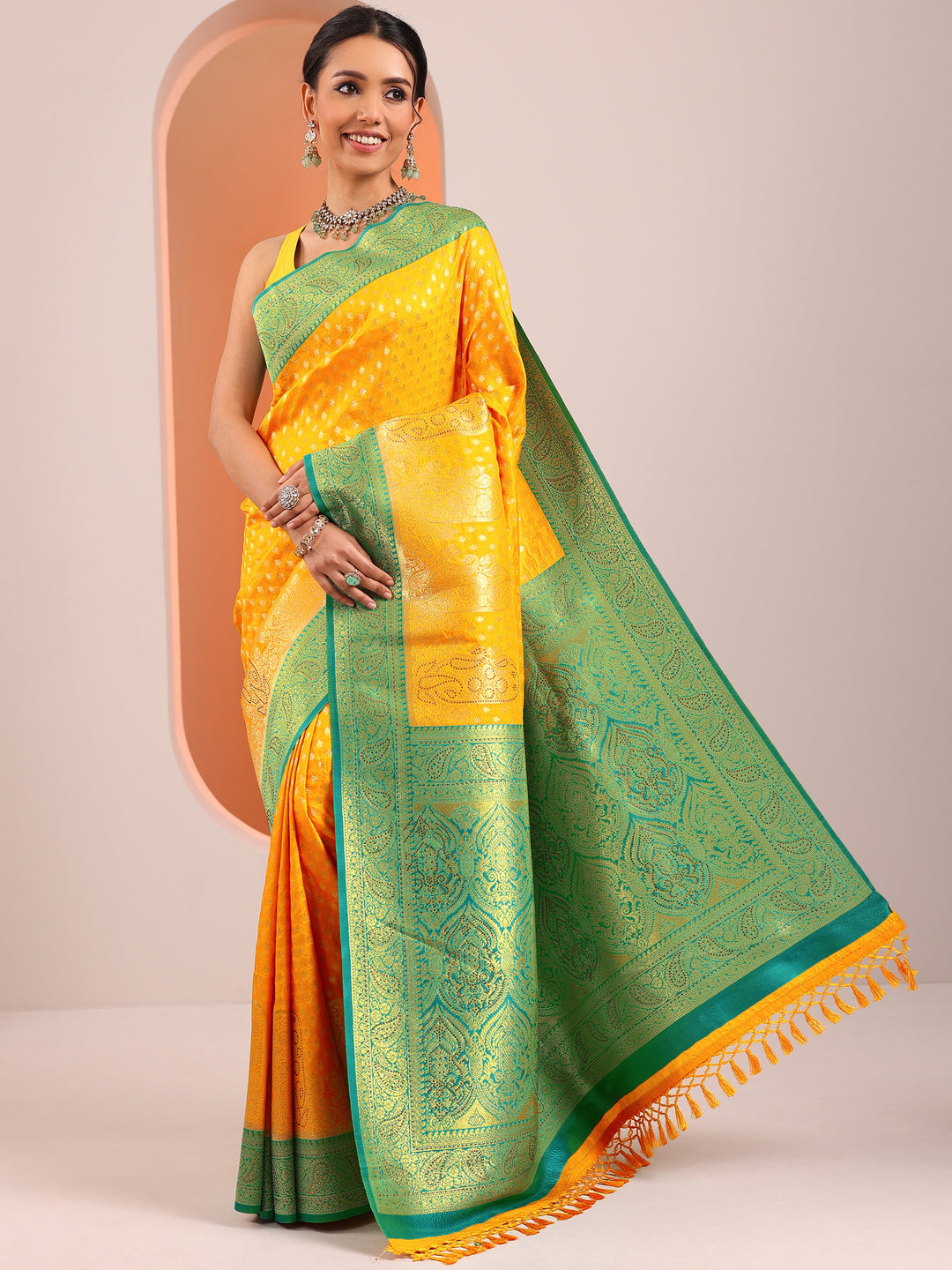  Yellow Woven Design Silk Blend Saree With Unstitched Blouse Piece 