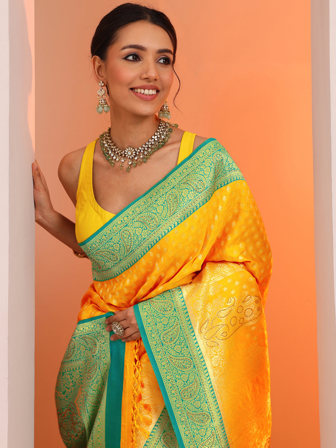 Yellow Woven Design Silk Blend Saree With Unstitched Blouse Piece