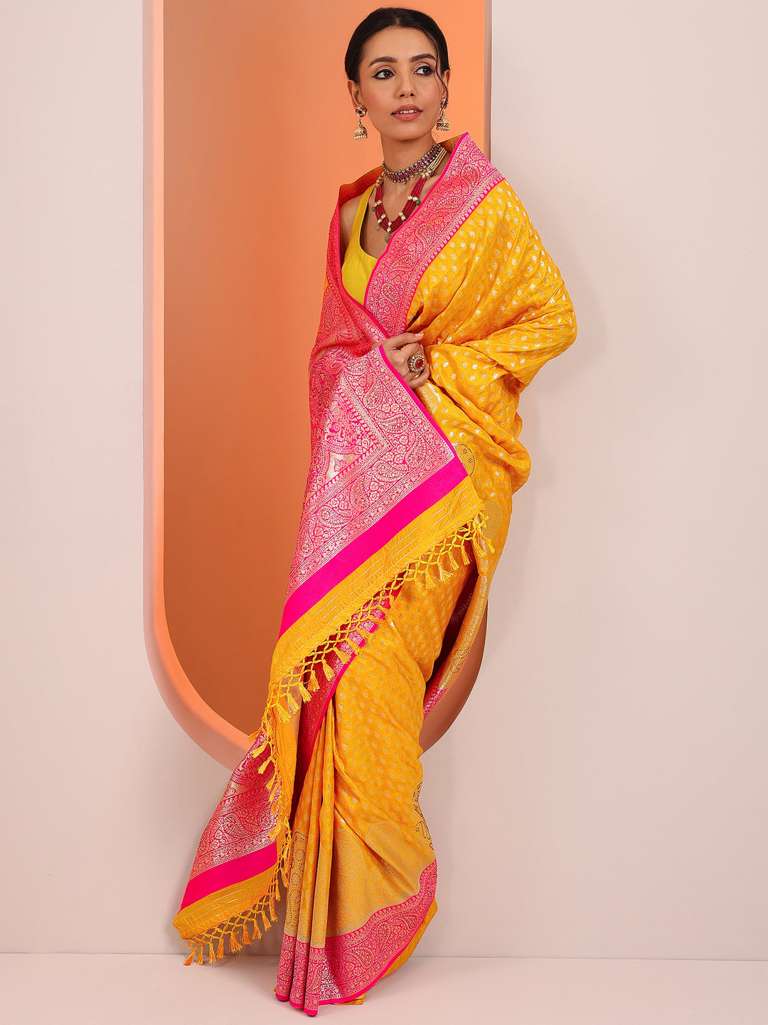 Yellow Embellished Silk Blend Sarees With Unstitched Blouse Piece