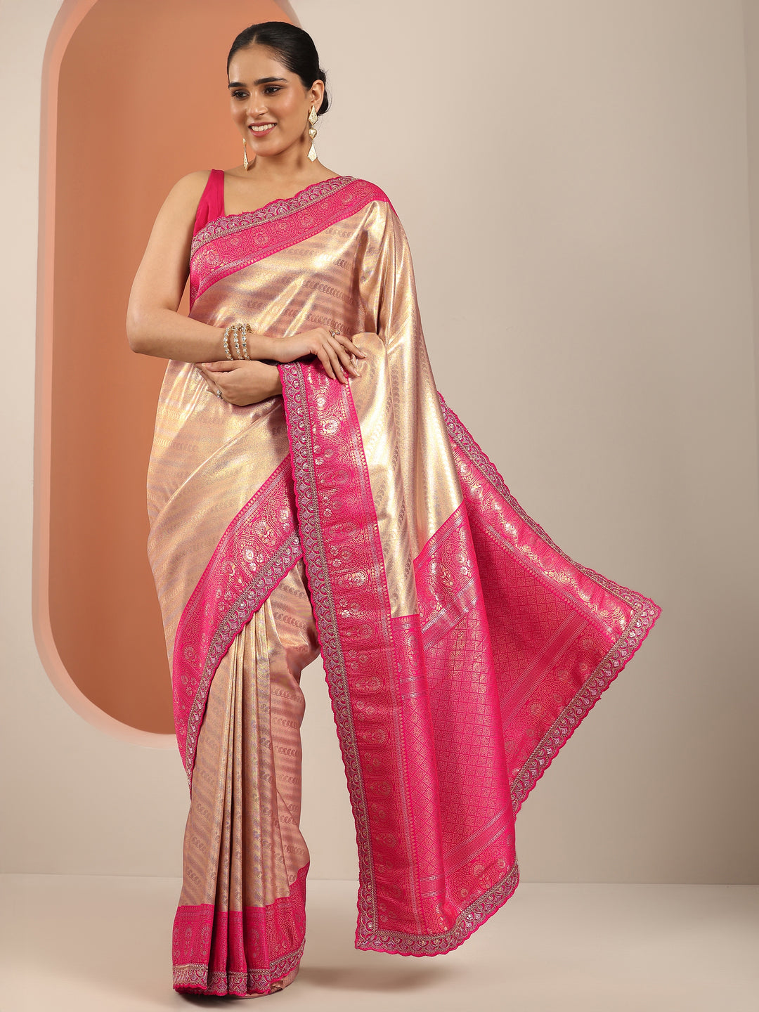  Beige  Silk Blend Saree With Unstitched Blouse Piece 