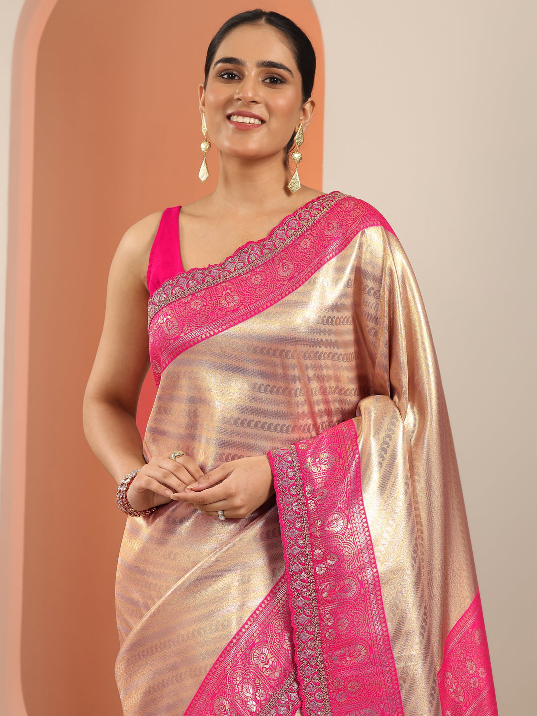  Beige  Silk Blend Saree With Unstitched Blouse Piece 