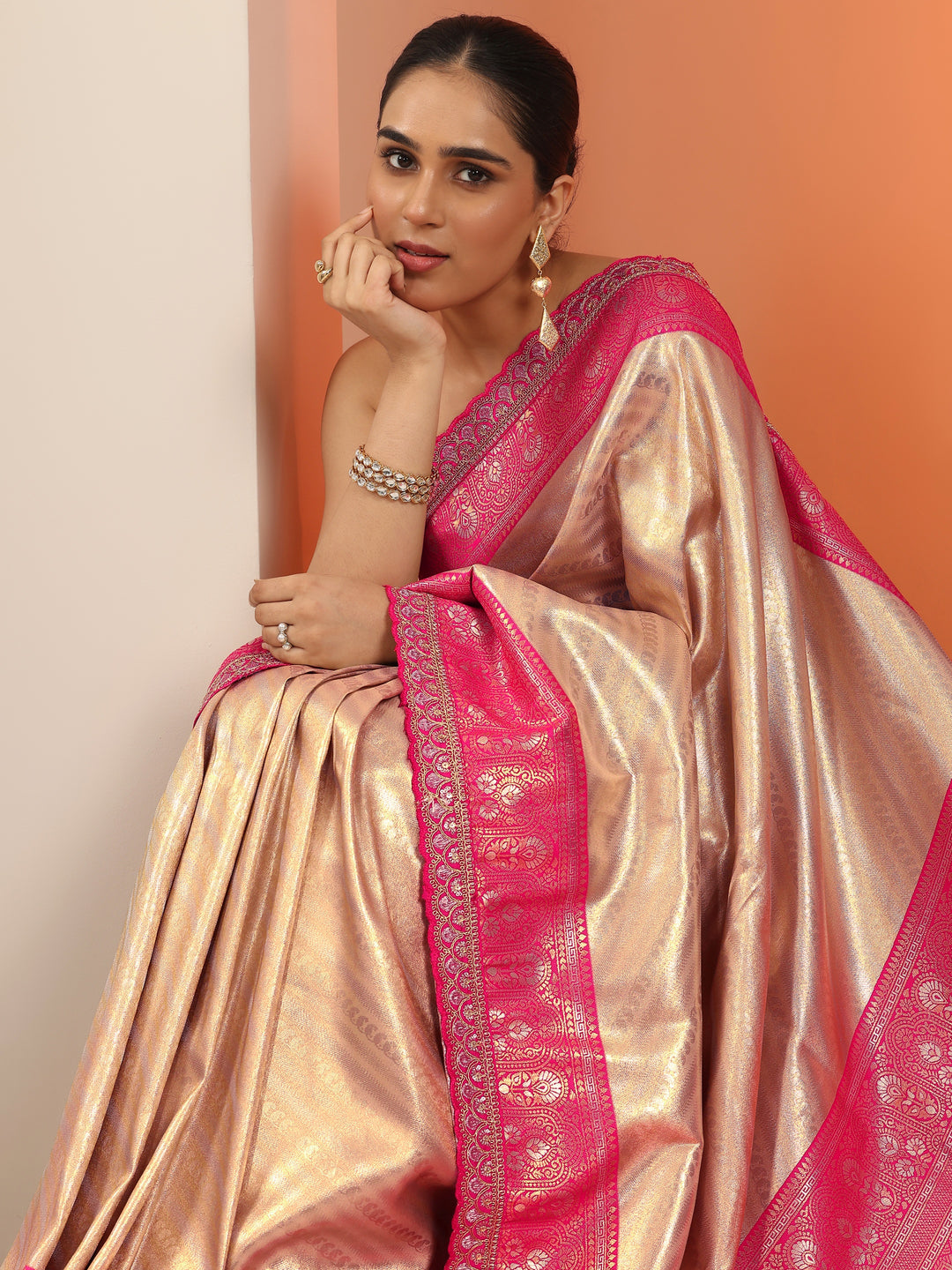  Beige  Silk Blend Saree With Unstitched Blouse Piece 