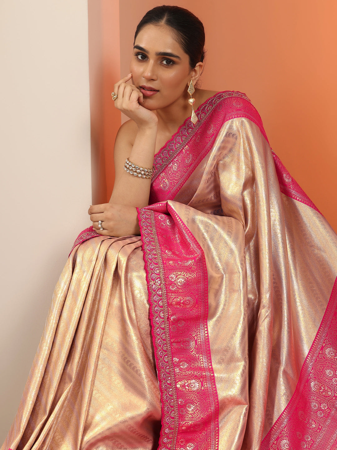  Beige  Silk Blend Saree With Unstitched Blouse Piece 