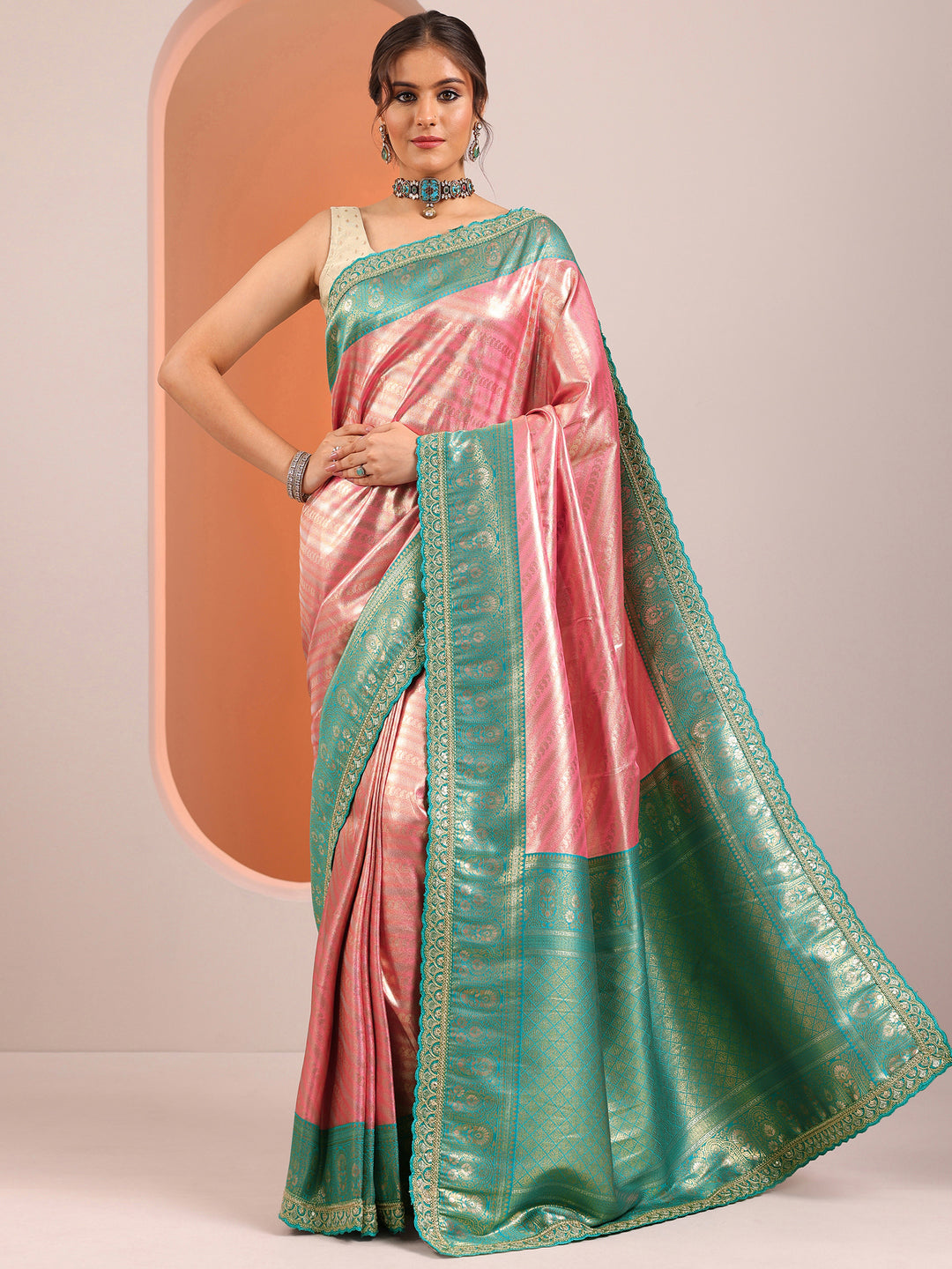  Peach Woven Design Silk Blend Saree With Unstitched Blouse Piece 