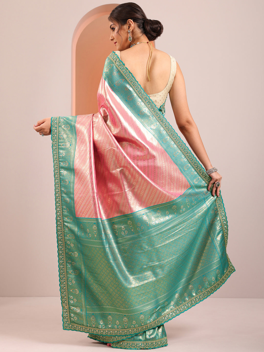  Peach Woven Design Silk Blend Saree With Unstitched Blouse Piece 