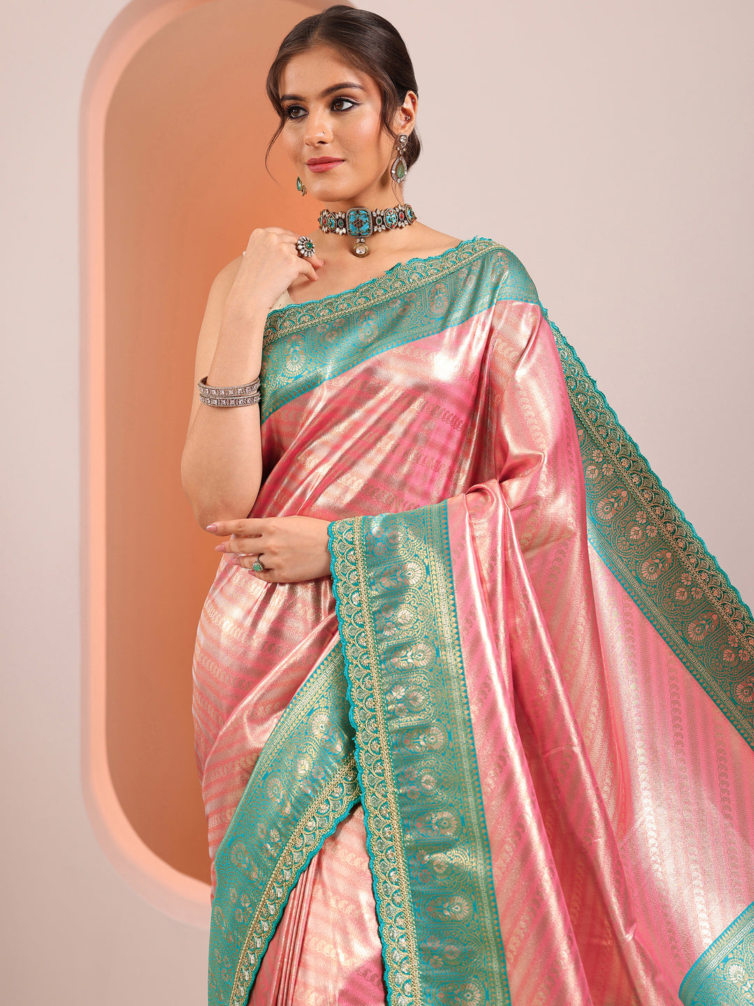  Peach Woven Design Silk Blend Saree With Unstitched Blouse Piece 
