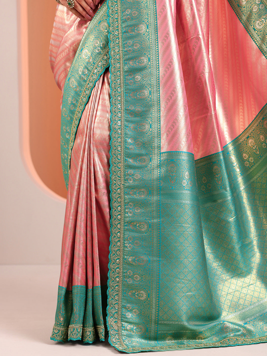  Peach Woven Design Silk Blend Sarees With Unstitched Blouse Piece 