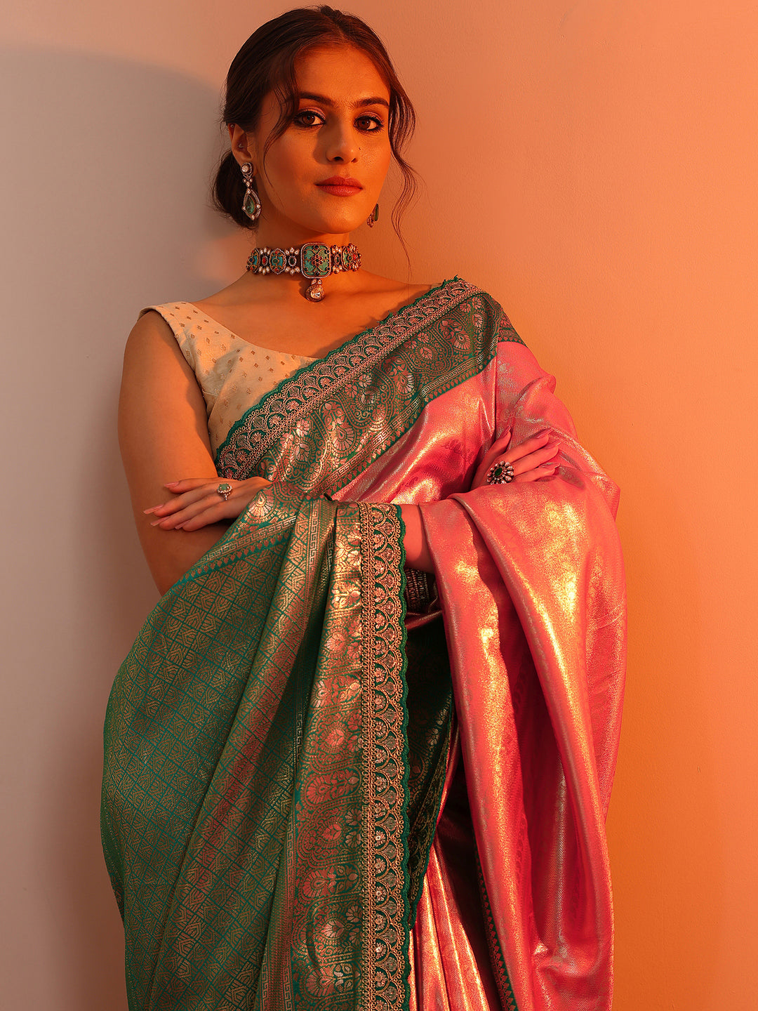 Peach Woven Design Silk Blend Saree With Unstitched Blouse Piece