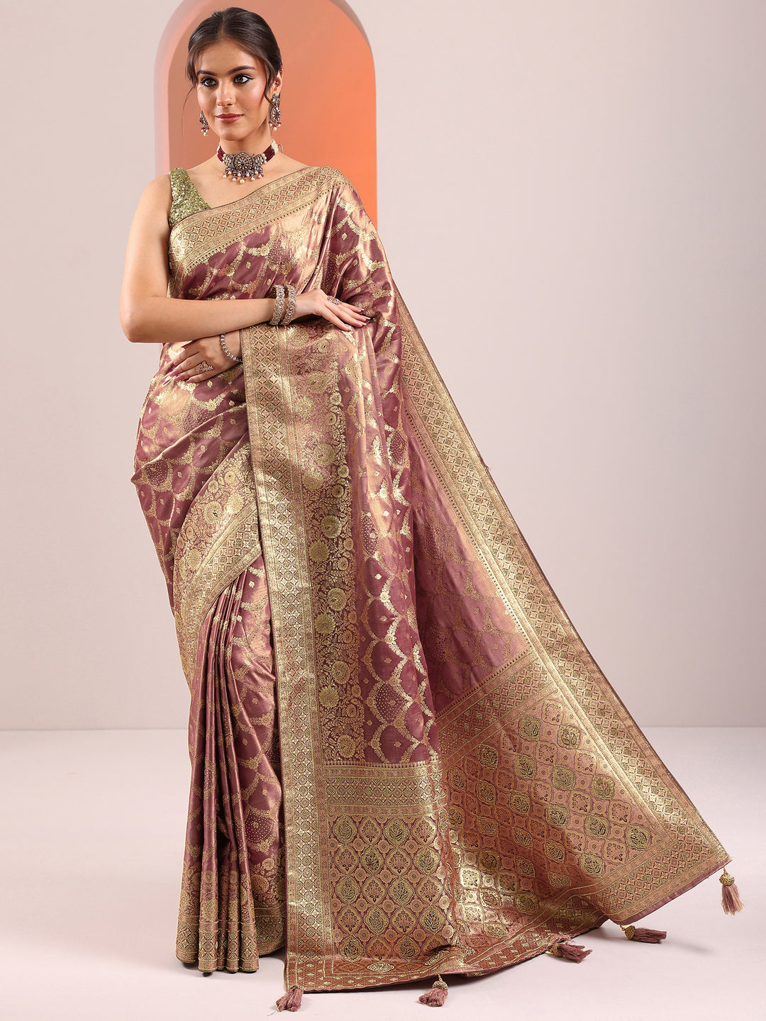  Mauve Woven Design Silk Blend Saree With Unstitched Blouse Piece 