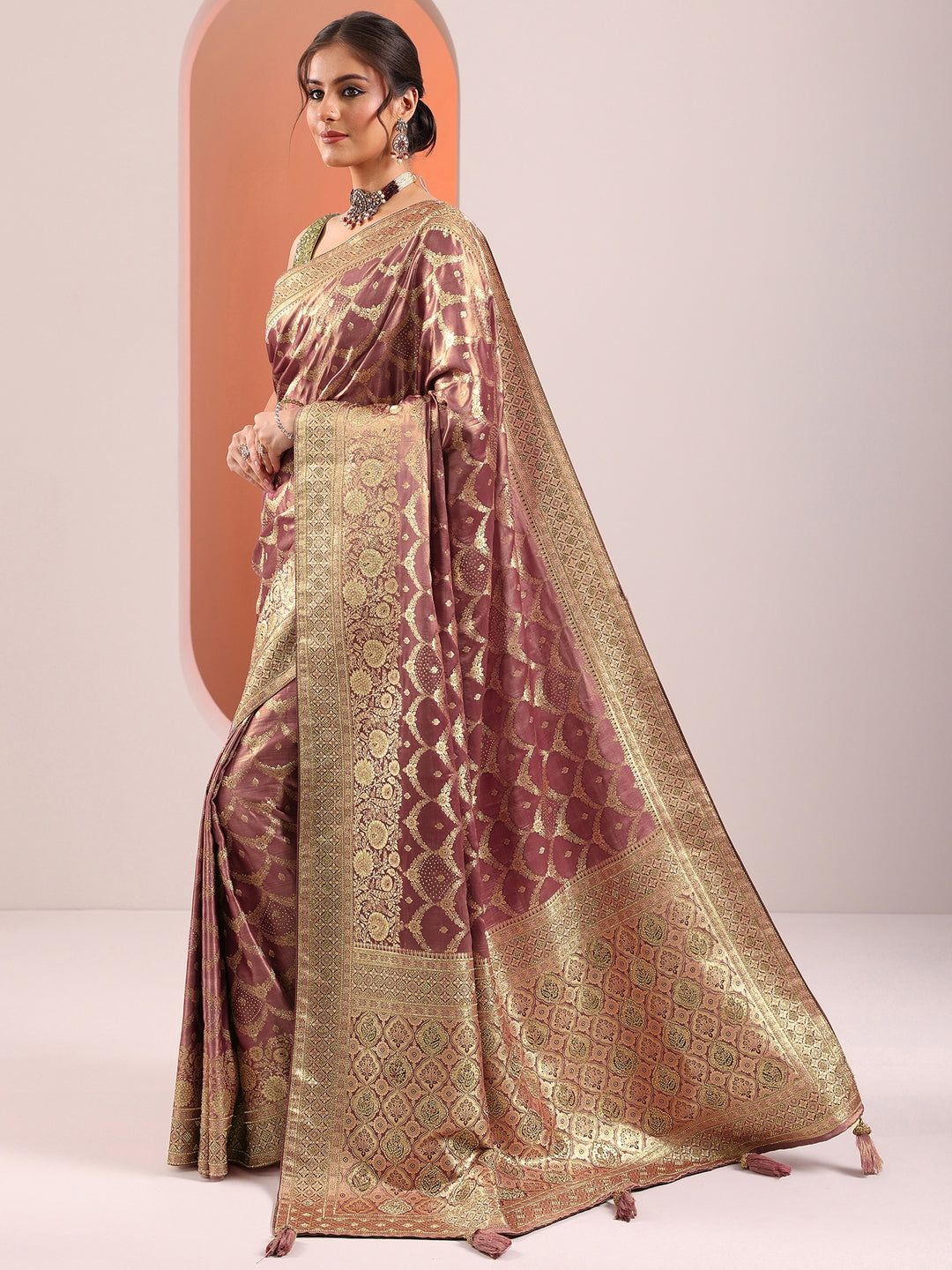  Mauve Woven Design Silk Blend Saree With Unstitched Blouse Piece 