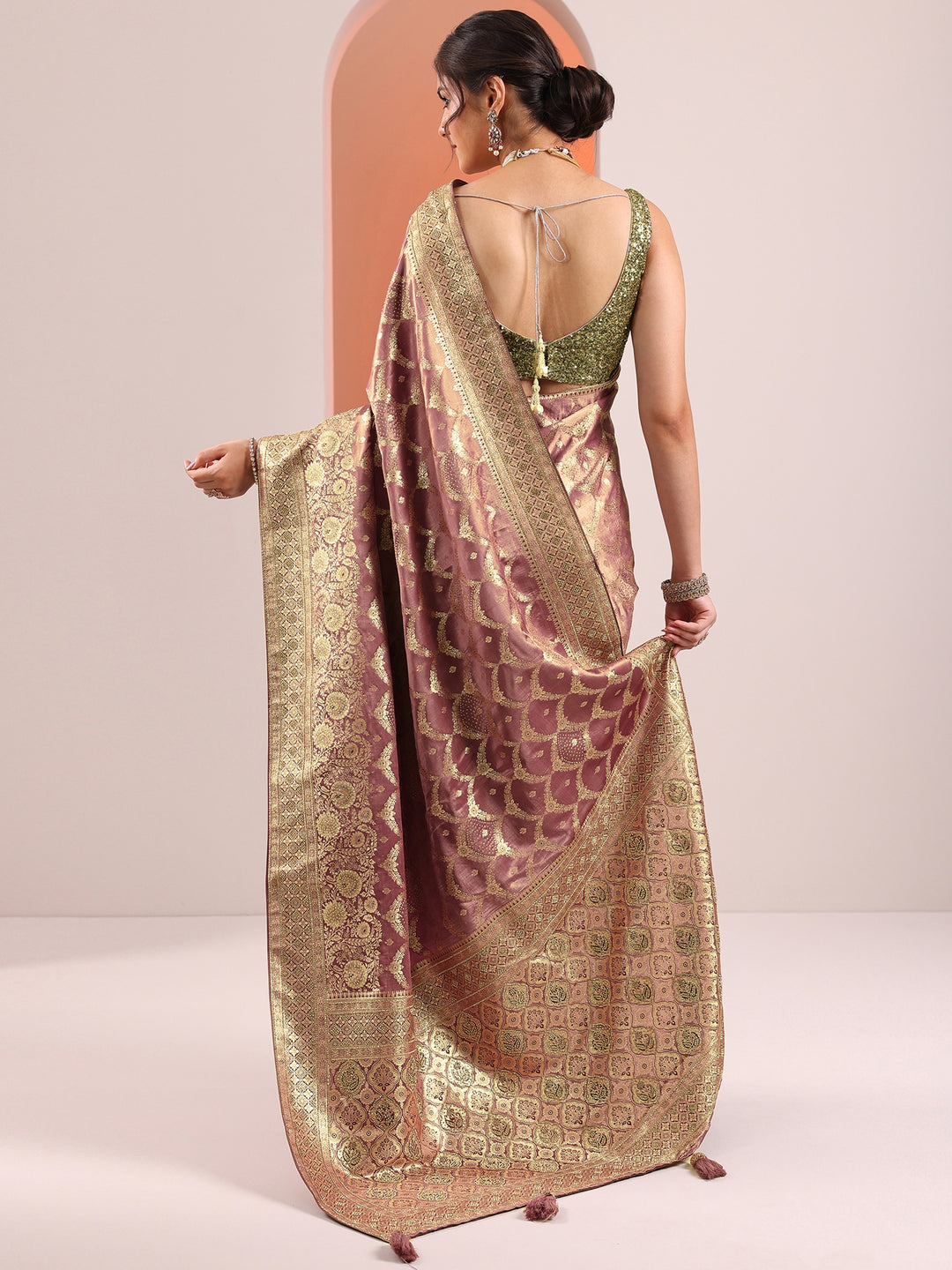  Mauve Woven Design Silk Blend Saree With Unstitched Blouse Piece 