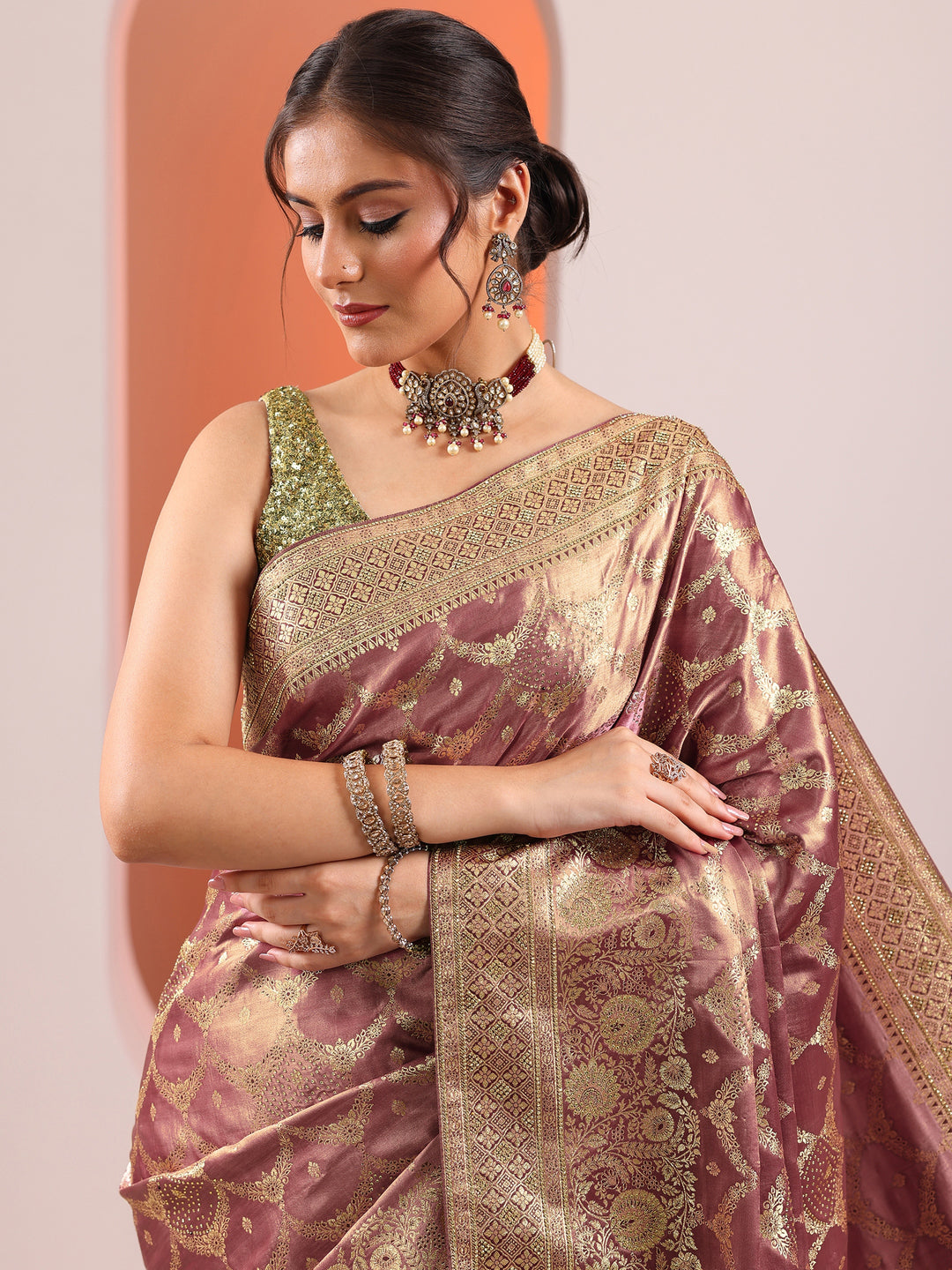  Mauve Woven Design Silk Blend Saree With Unstitched Blouse Piece 