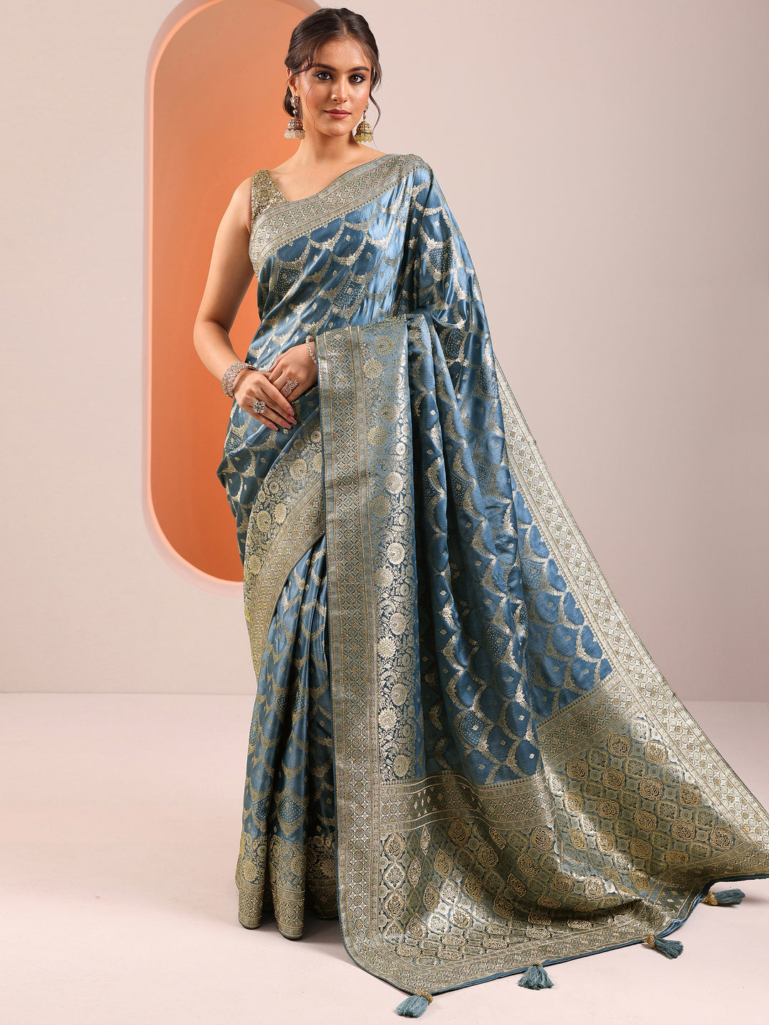  Blue Woven Design Silk Blend Saree With Unstitched Blouse Piece 