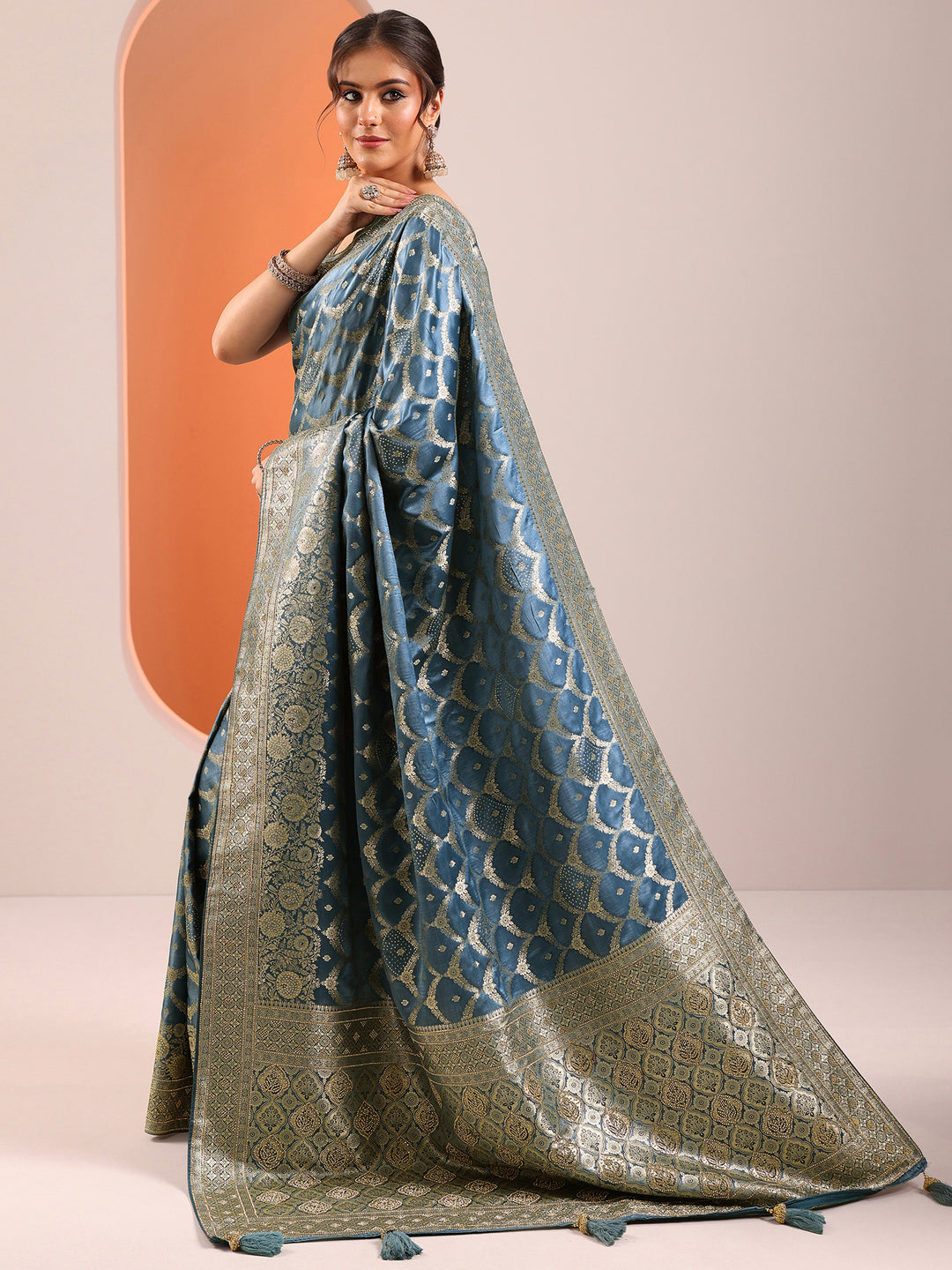  Blue Woven Design Silk Blend Saree With Unstitched Blouse Piece 