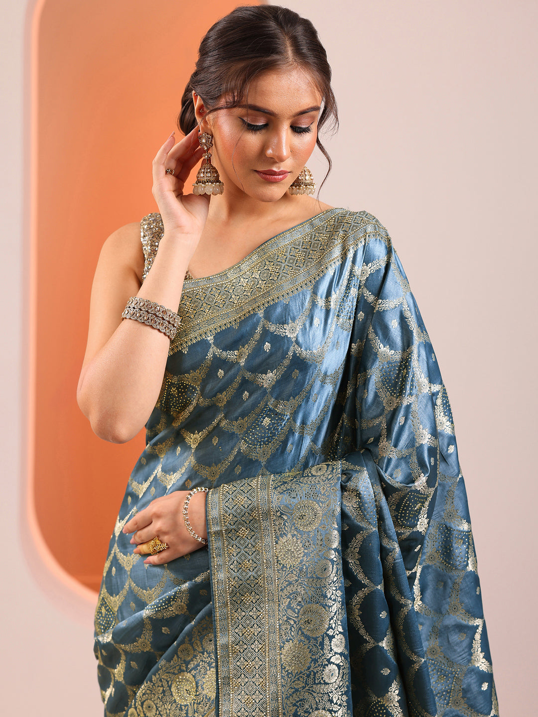  Blue Woven Design Silk Blend Saree With Unstitched Blouse Piece 
