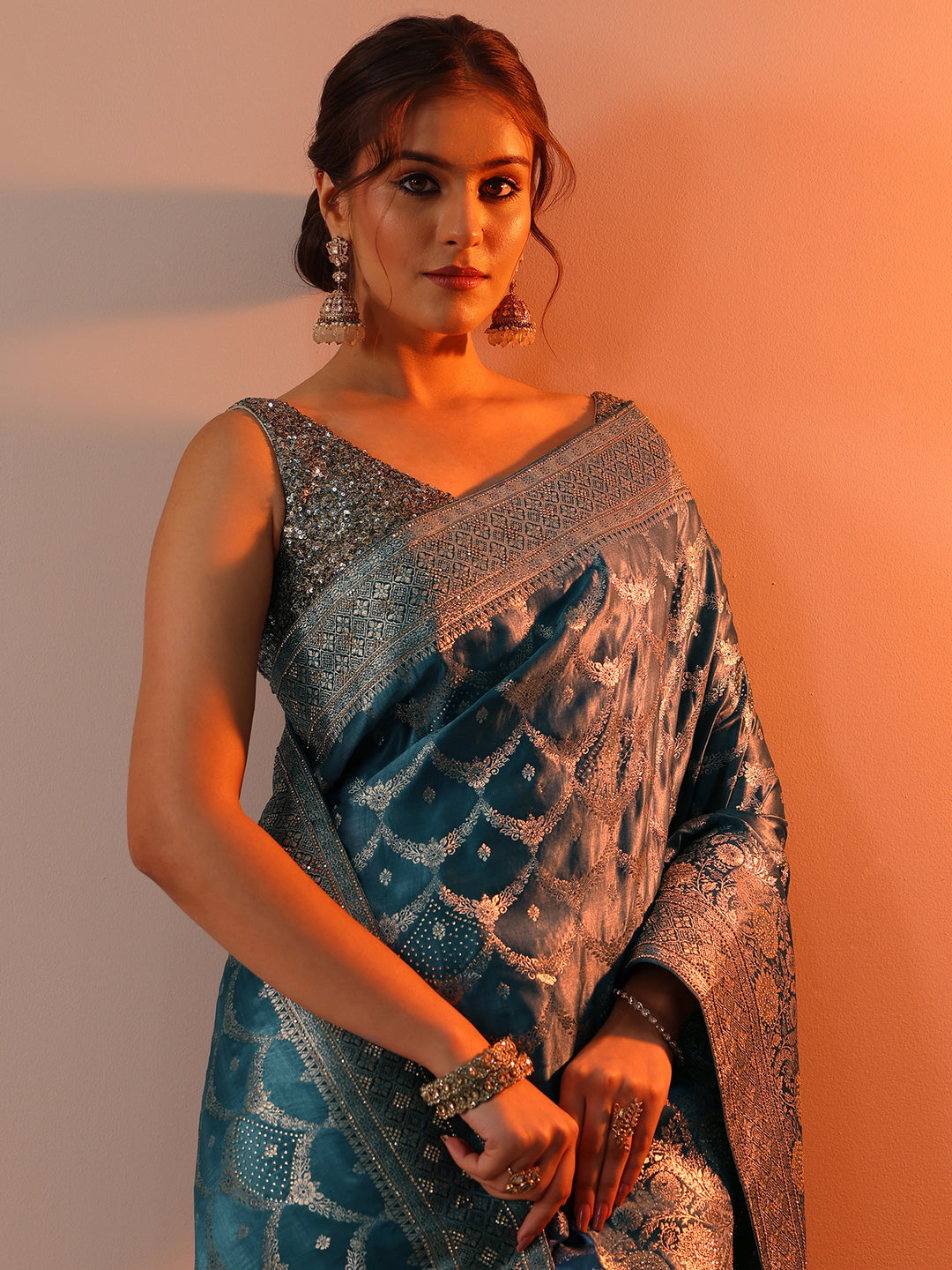 Blue Woven Design Silk Blend Saree With Unstitched Blouse Piece