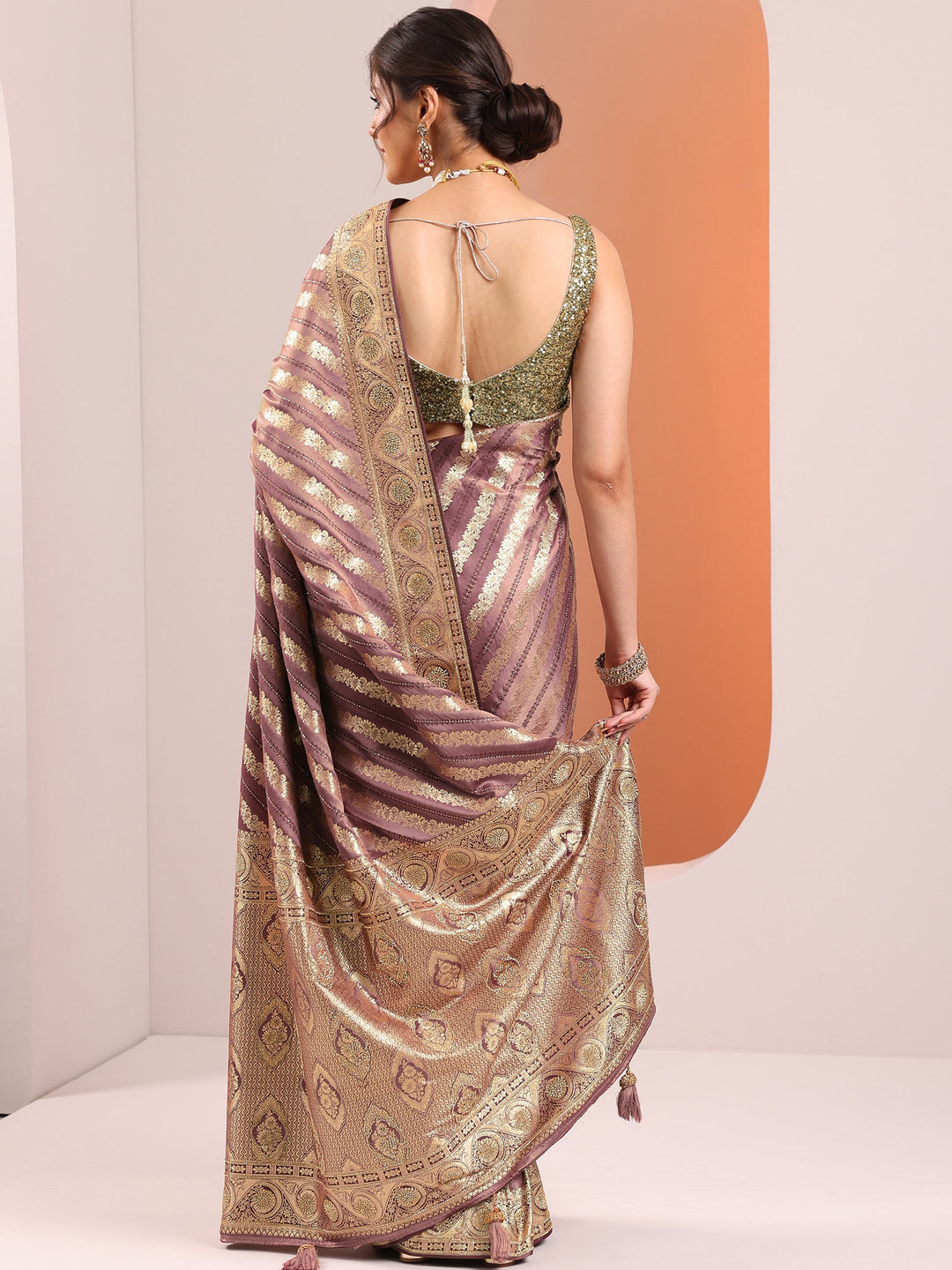  Mauve Woven Design Banarasi Silk Blend Saree With Unstitched Blouse Piece 