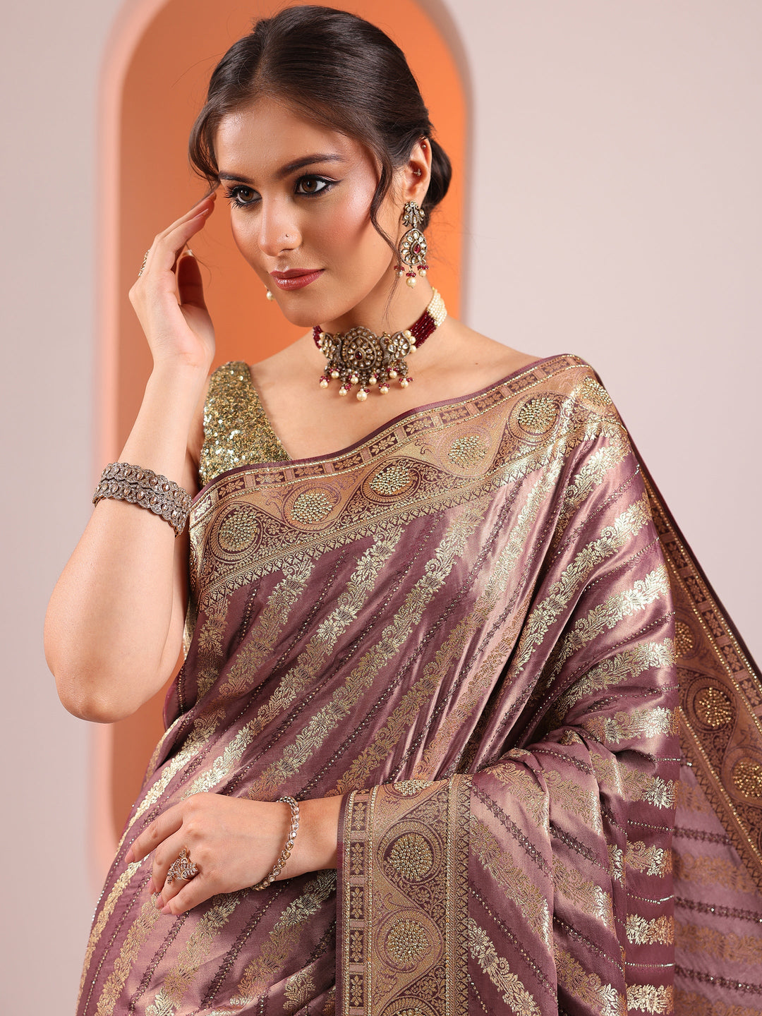  Mauve Woven Design Banarasi Silk Blend Saree With Unstitched Blouse Piece 