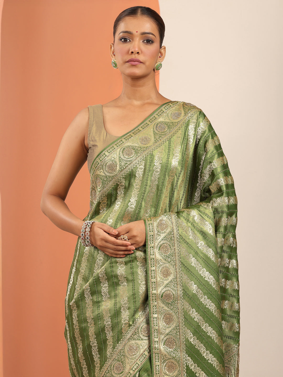  Olive Woven Design Silk Blend Saree With Unstitched Blouse Piece 