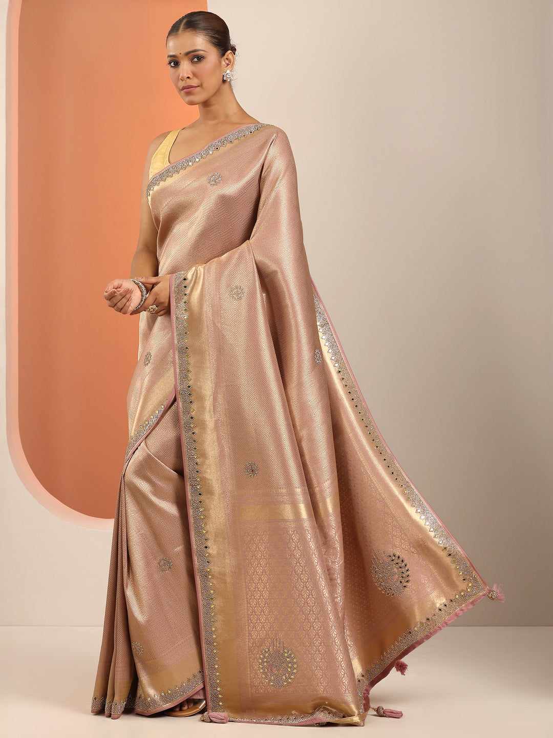  Peach  Silk Blend Saree With Unstitched Blouse Piece 
