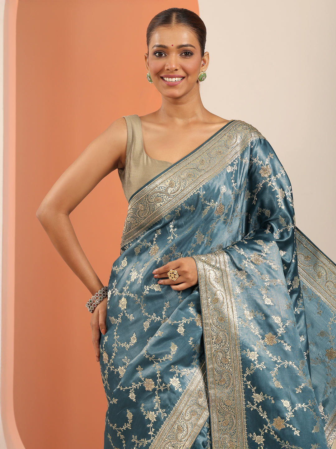  Blue  Silk Blend Saree With Unstitched Blouse Piece 