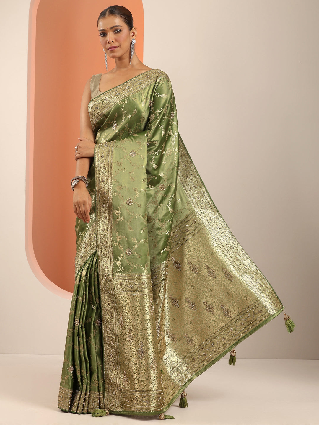  Green Woven Design Banarasi Silk Blend Saree With Unstitched Blouse Piece 