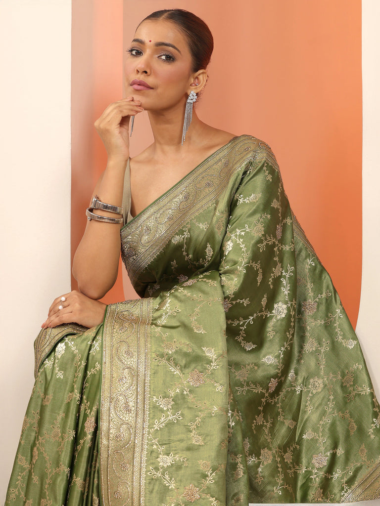Libas Green Woven Design Banarasi Silk Blend Saree With Unstitched Blouse Piece