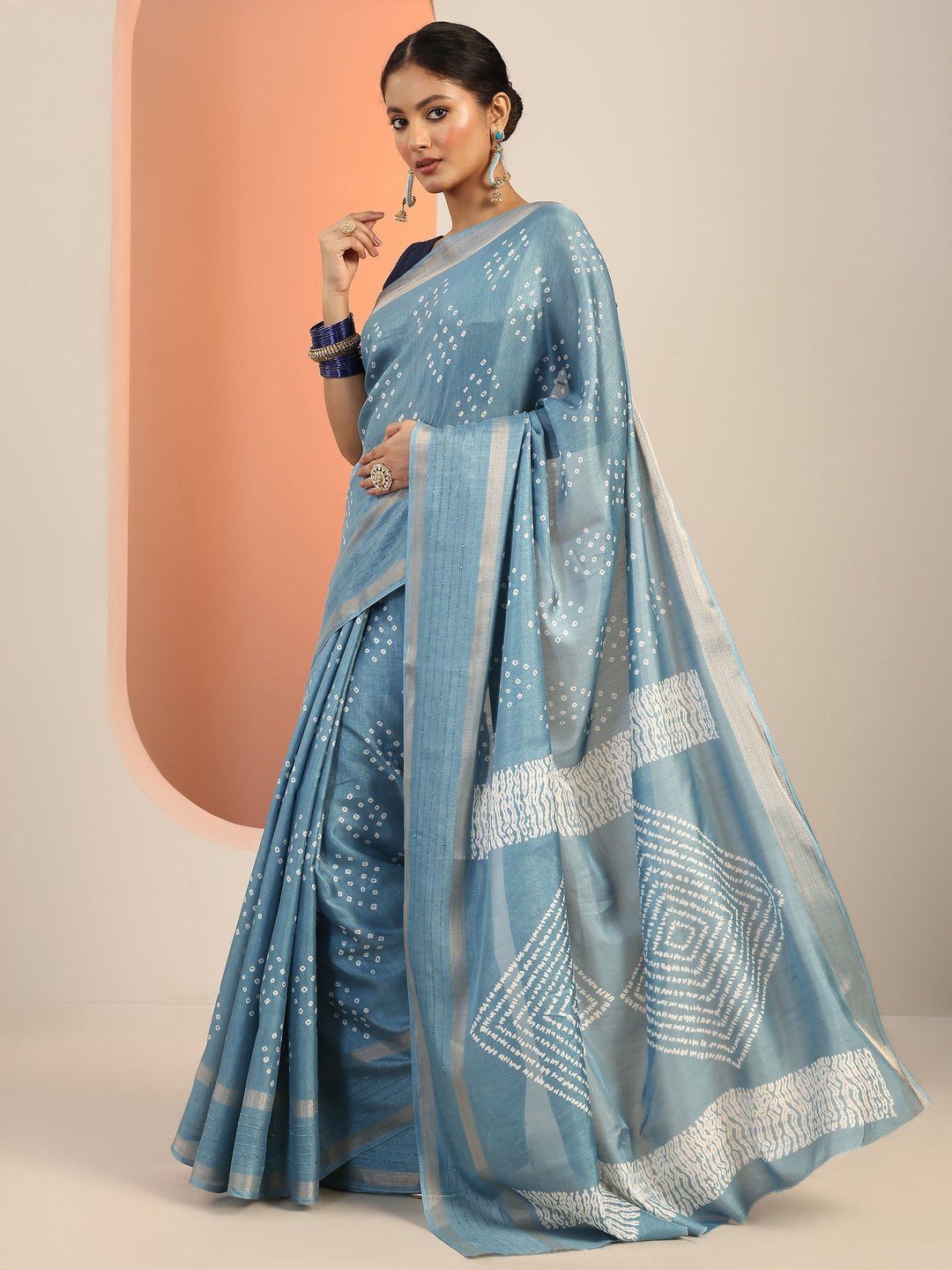  Blue Printed Silk Blend Saree With Unstitched Blouse Piece 
