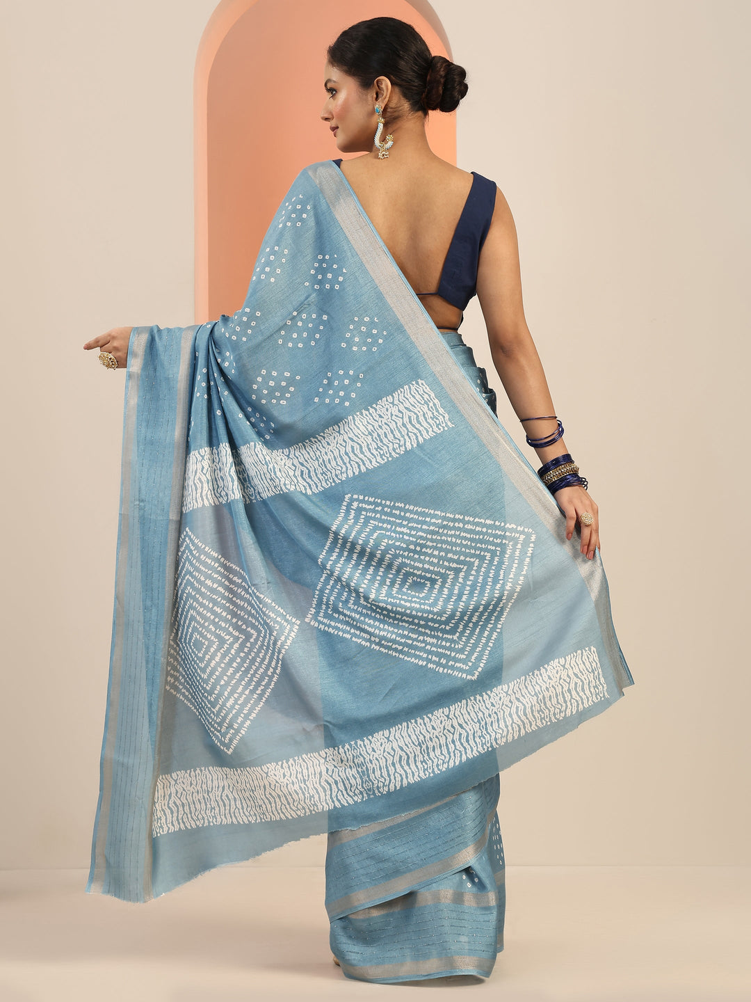  Blue Printed Silk Blend Saree With Unstitched Blouse Piece 