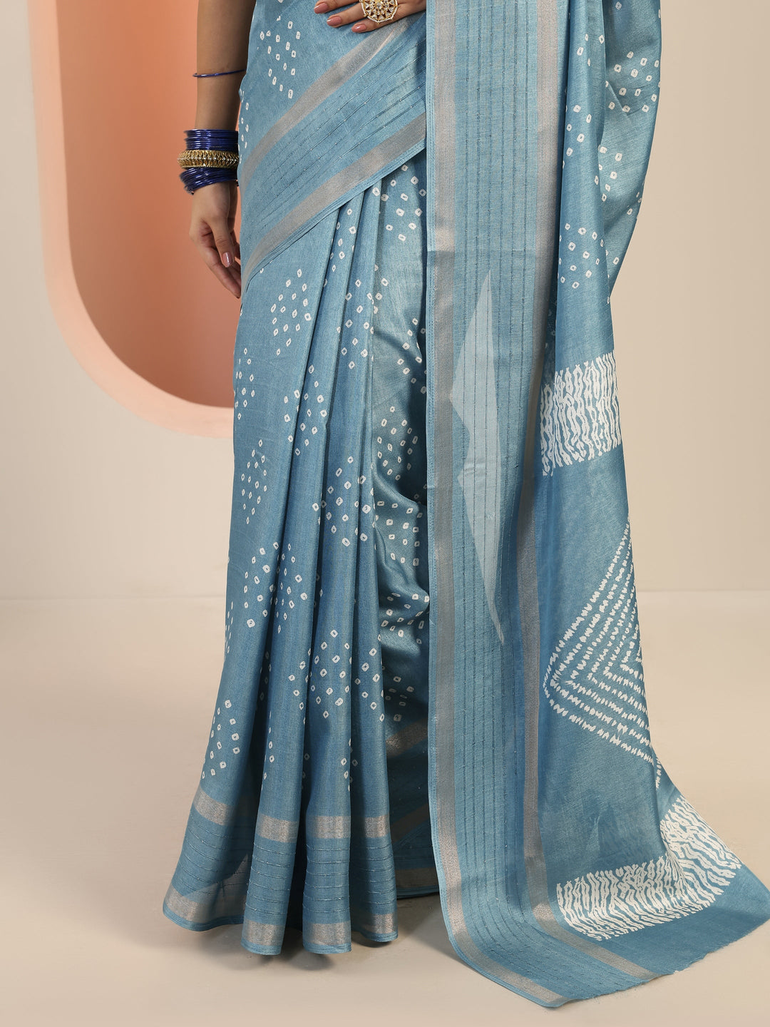  Blue Printed Silk Blend Saree With Unstitched Blouse Piece 