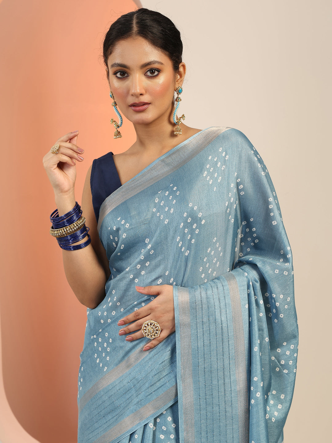  Blue Printed Silk Blend Saree With Unstitched Blouse Piece 